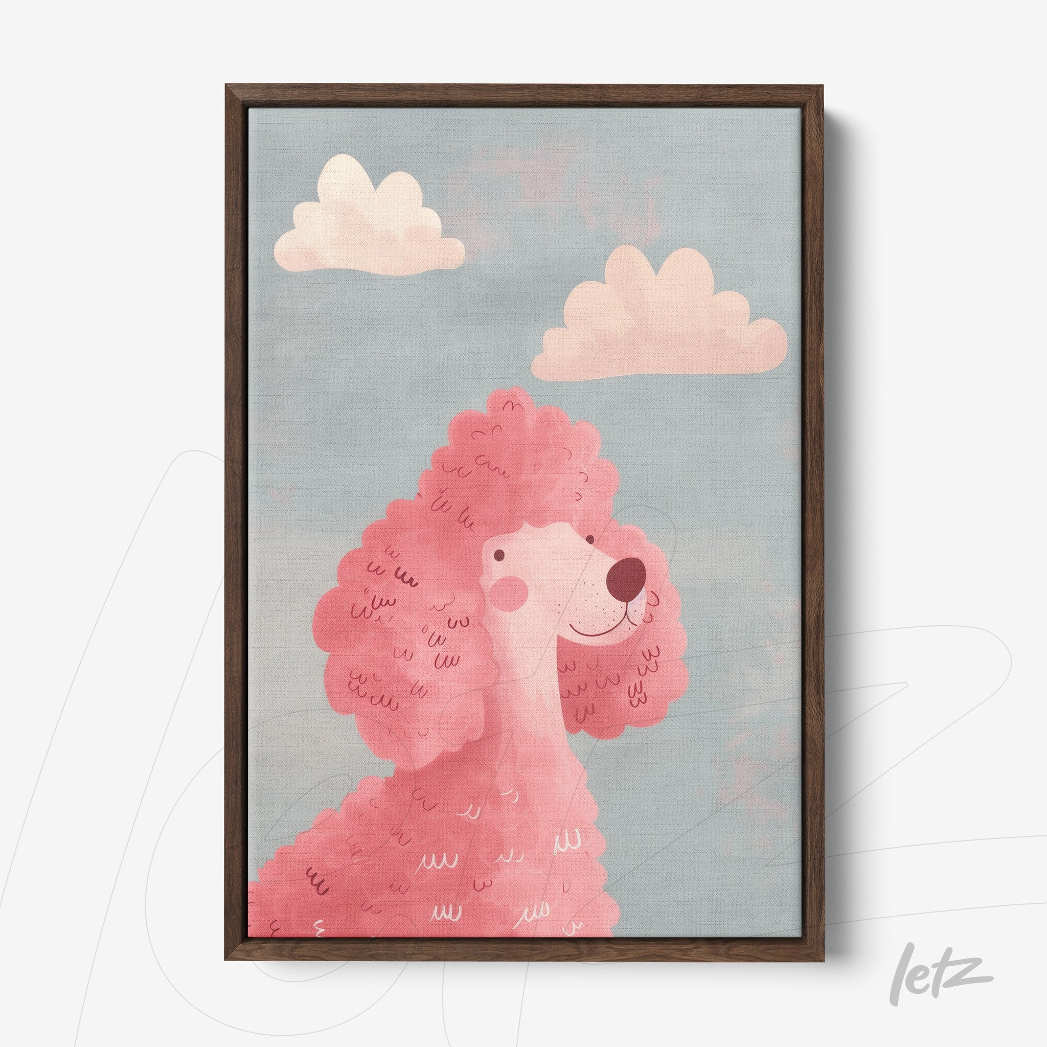 framed children's art of a pink poodle against a blue background with light clouds