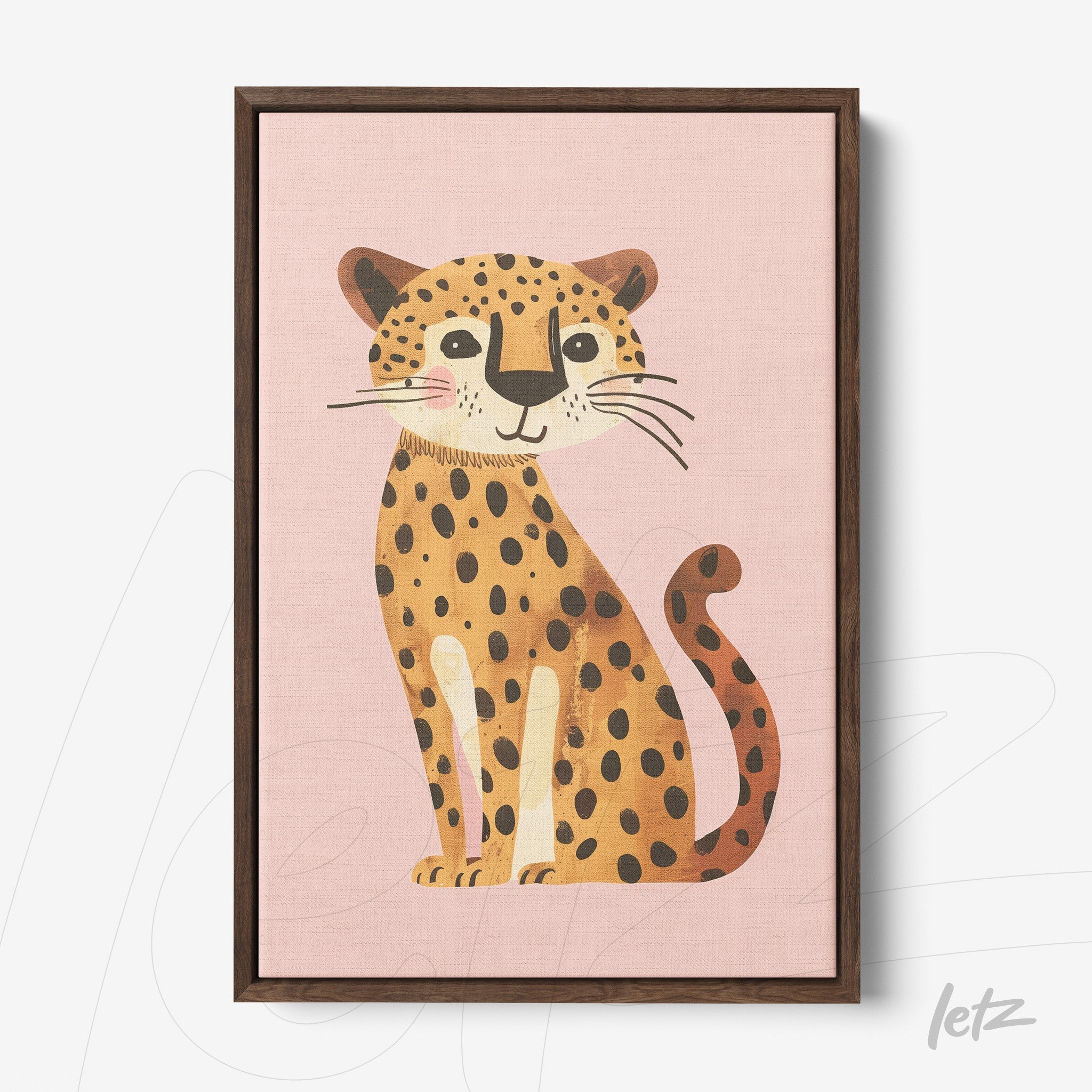 framed artwork featuring a cheetah illustration on light pink background with dark wood frame