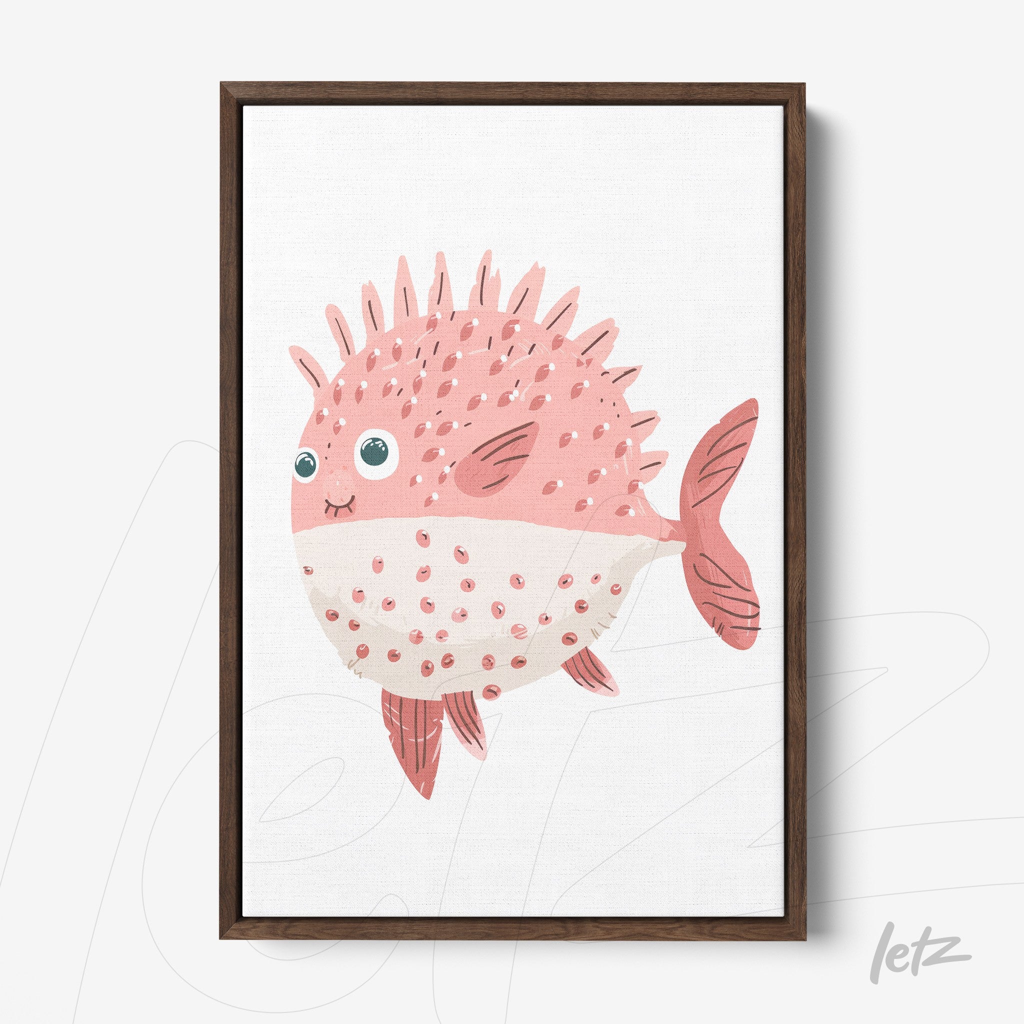 framed artwork featuring a playful pink fish with a smile against a white background