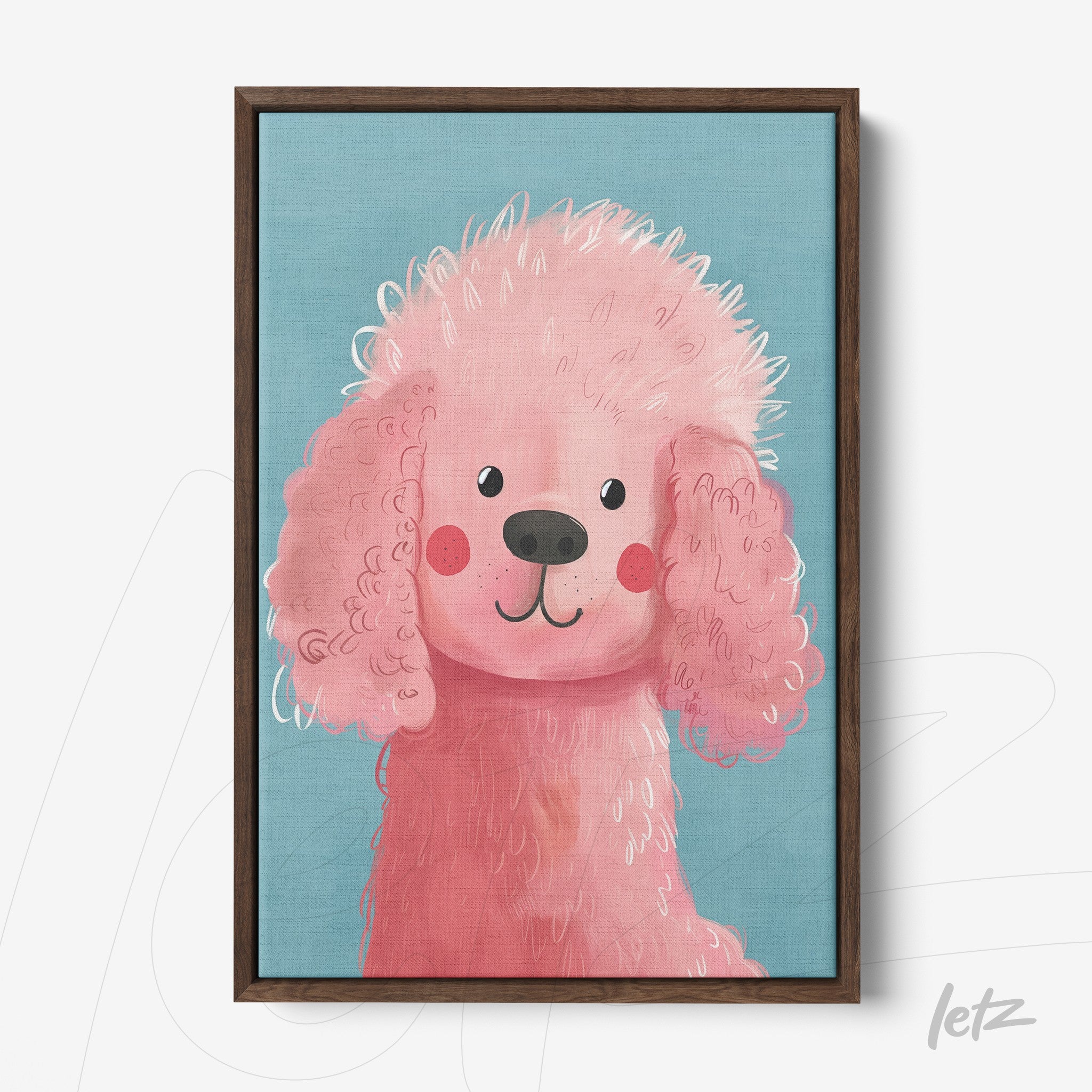 framed wall art featuring a stylized pink dog illustration with dark wooden frame against a blue background