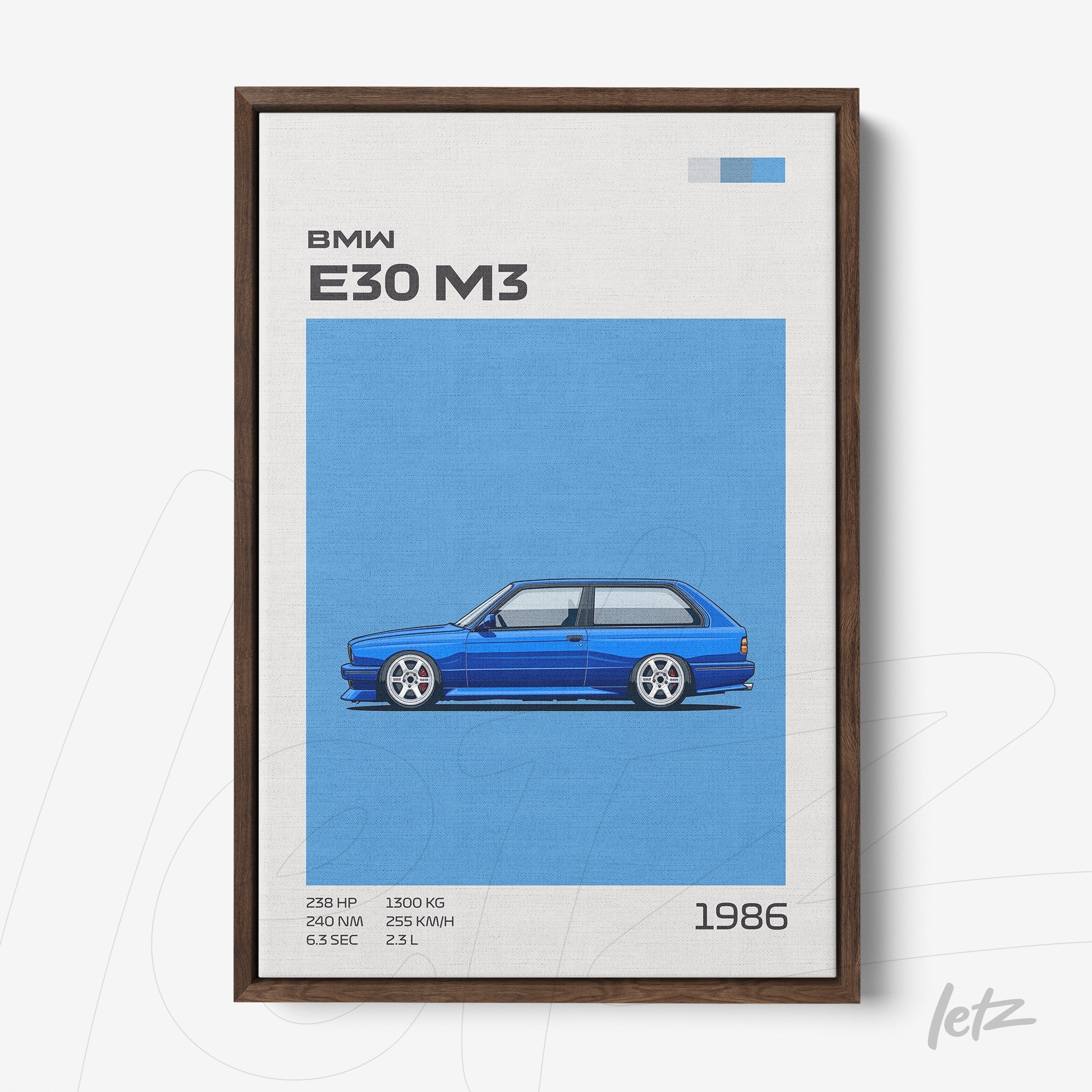 framed digital art of the BMW E30 M3 against a blue background with dark wood frame