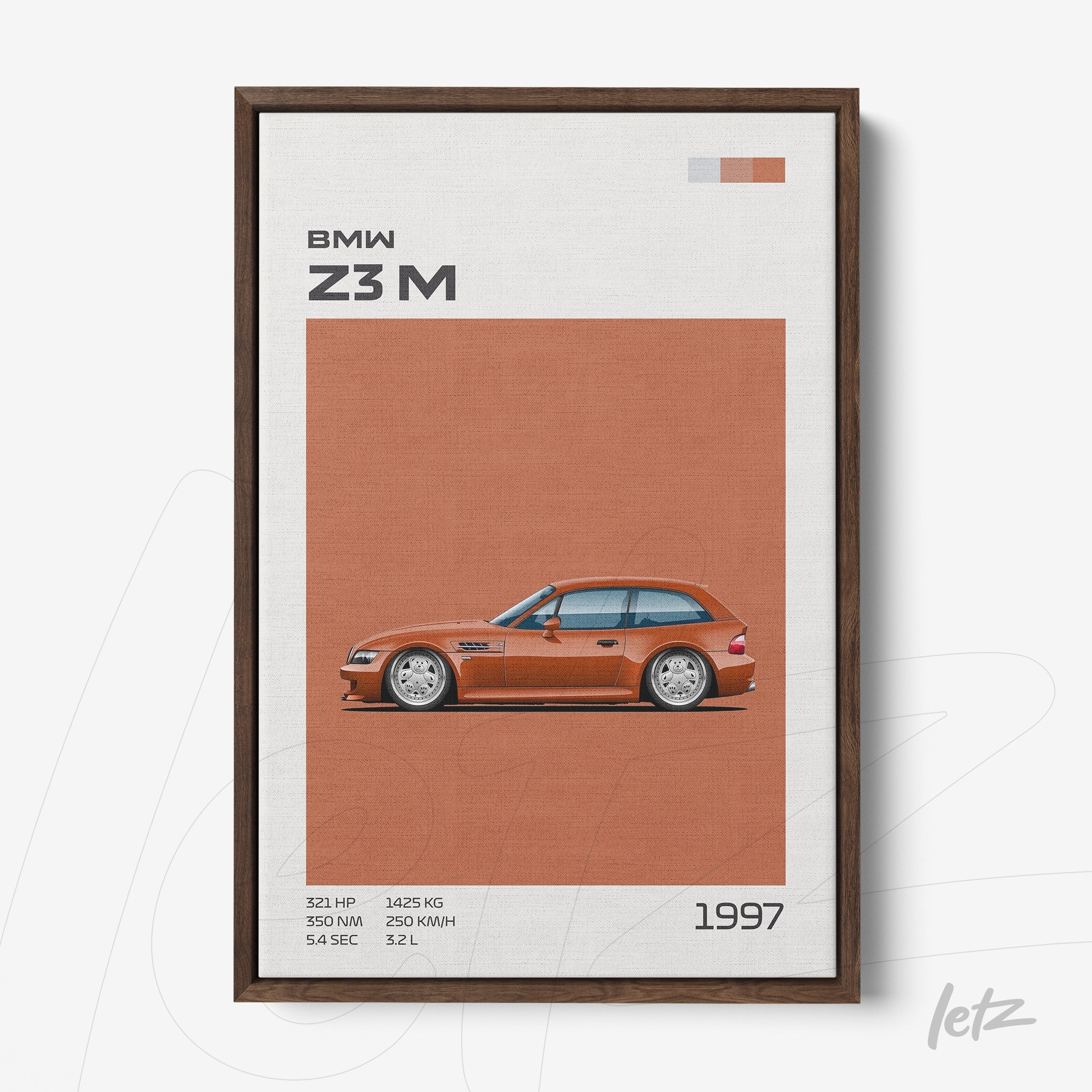 decorative art print featuring the 1997 BMW Z3 M in dark wood frame