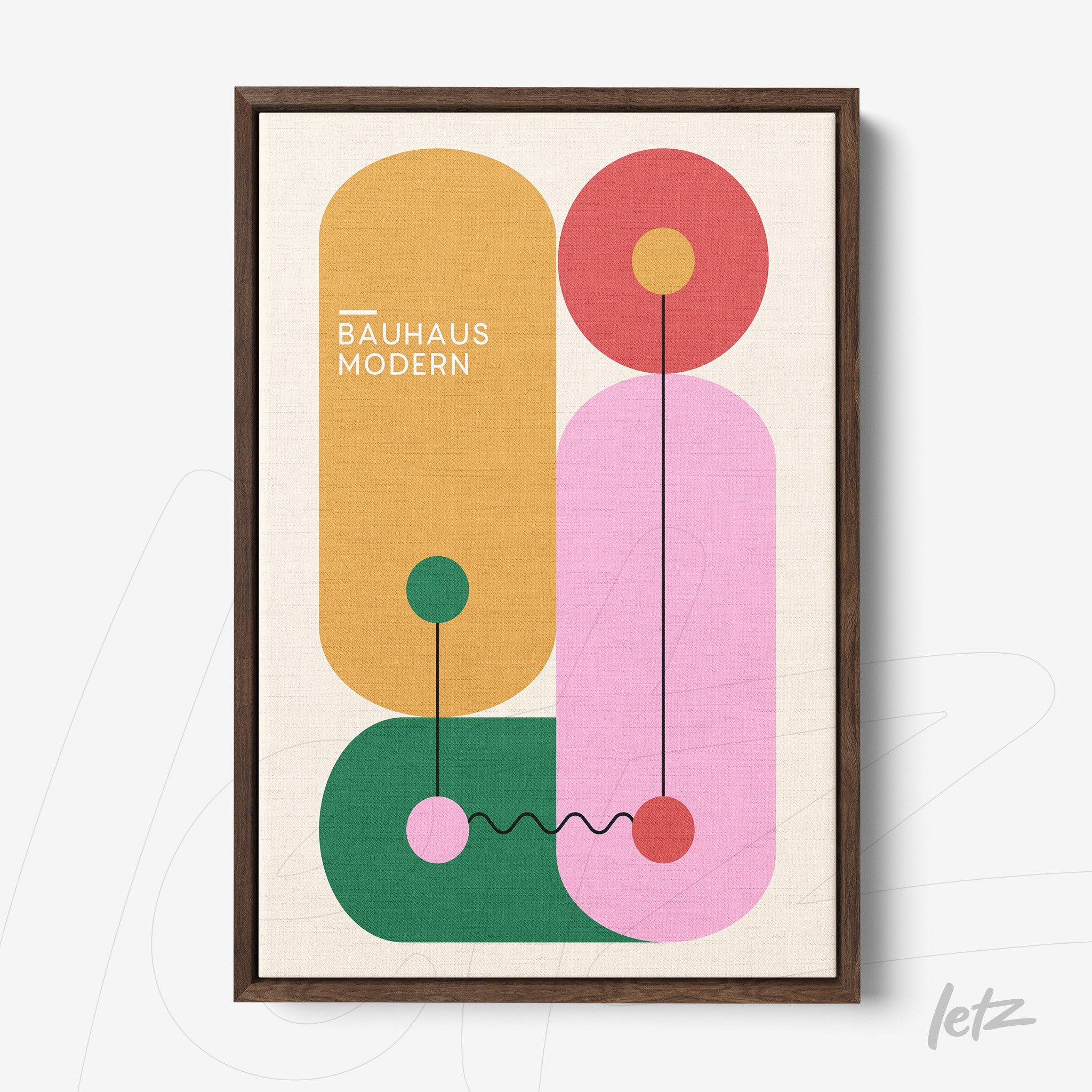 poster with modern bauhaus geometric art in dark wood frame