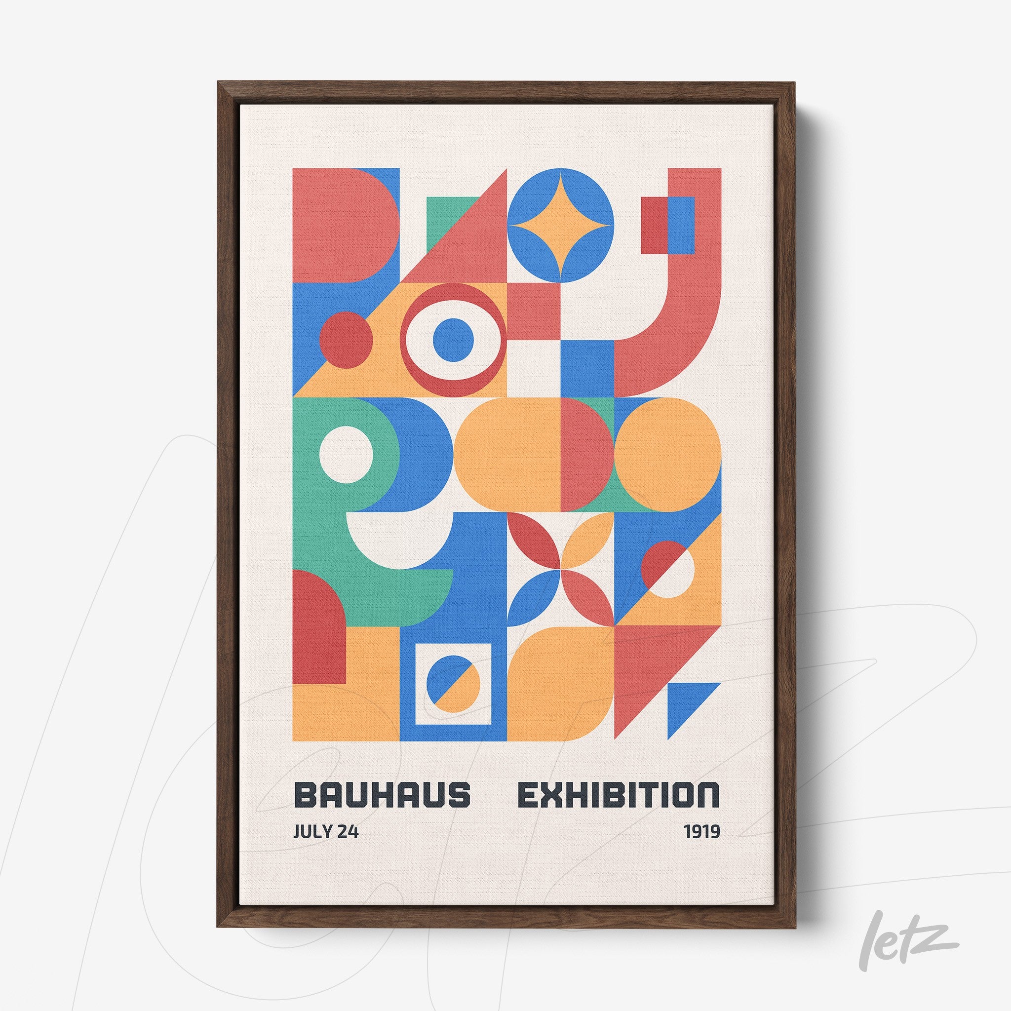 poster print featuring colorful geometric shapes in vibrant shades of red, blue, orange, and yellow, displayed in a dark wood frame