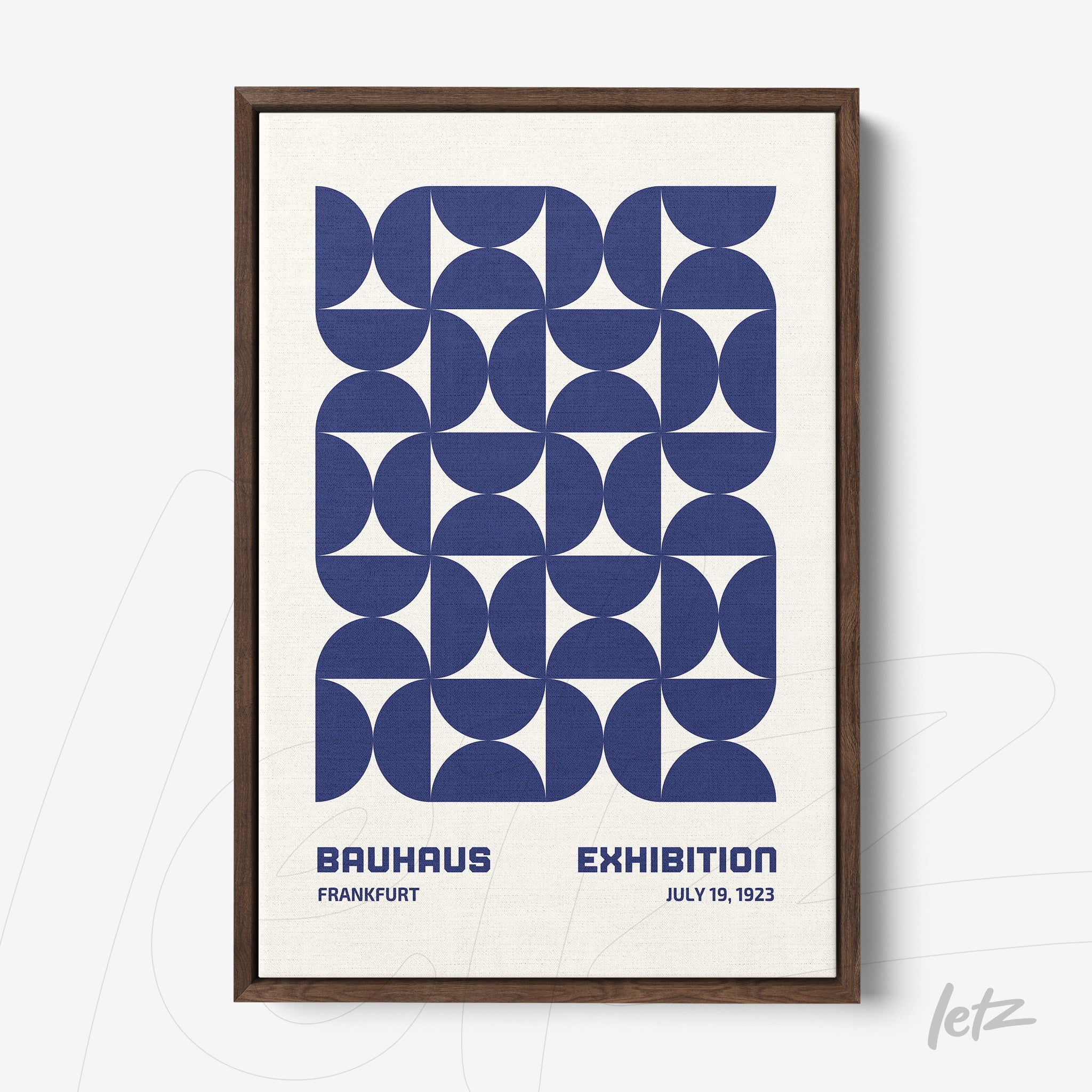 poster featuring a navy blue geometric illustration in Bauhaus style with dark wood frame