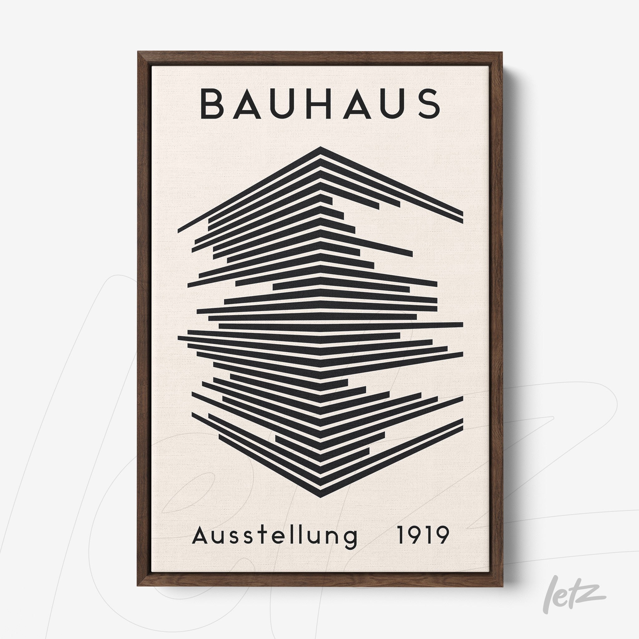 poster featuring bauhaus style geometric art in dark wood frame