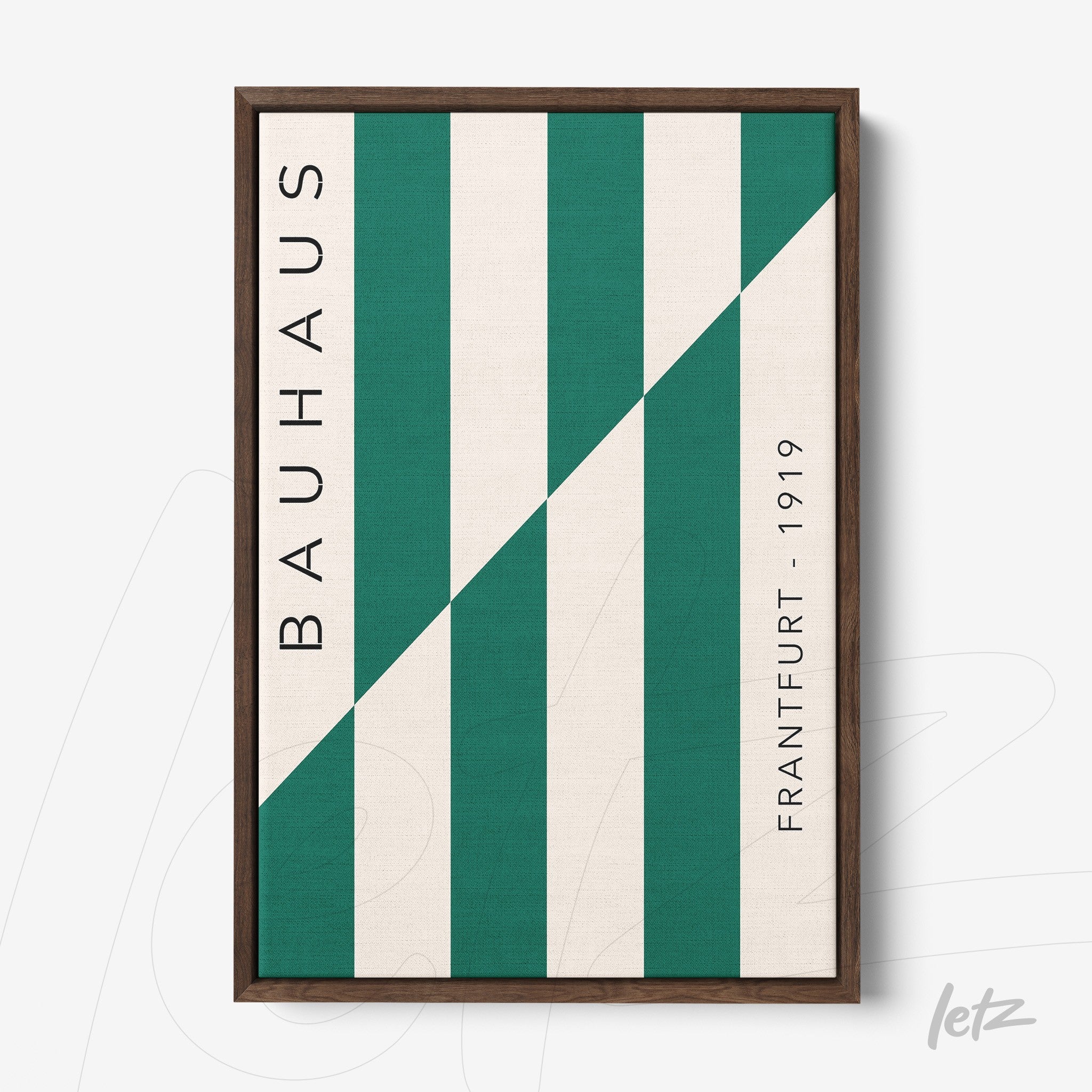 canvas print featuring green and white geometric Bauhaus design with brown frame