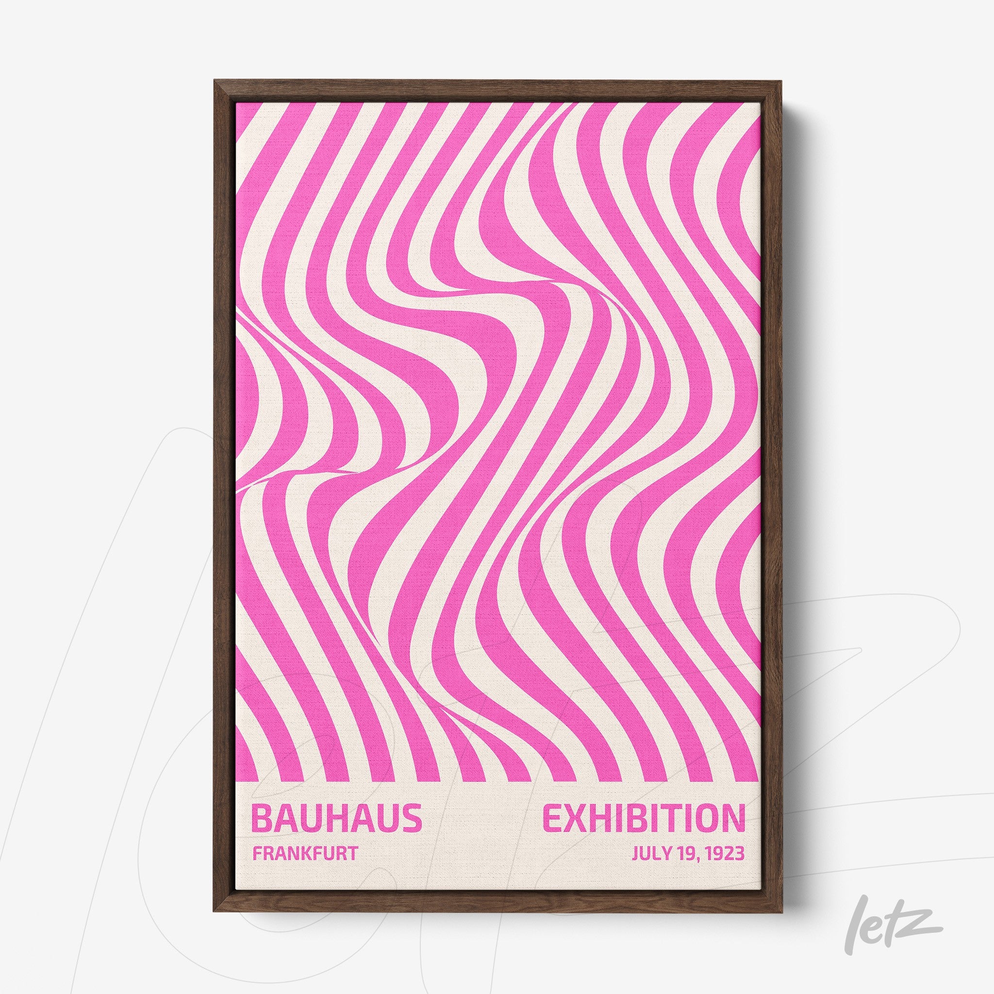 poster with pink wavy geometric lines pattern, dark wood frame, text bauhaus exhibition frankfurt july 19, 1923