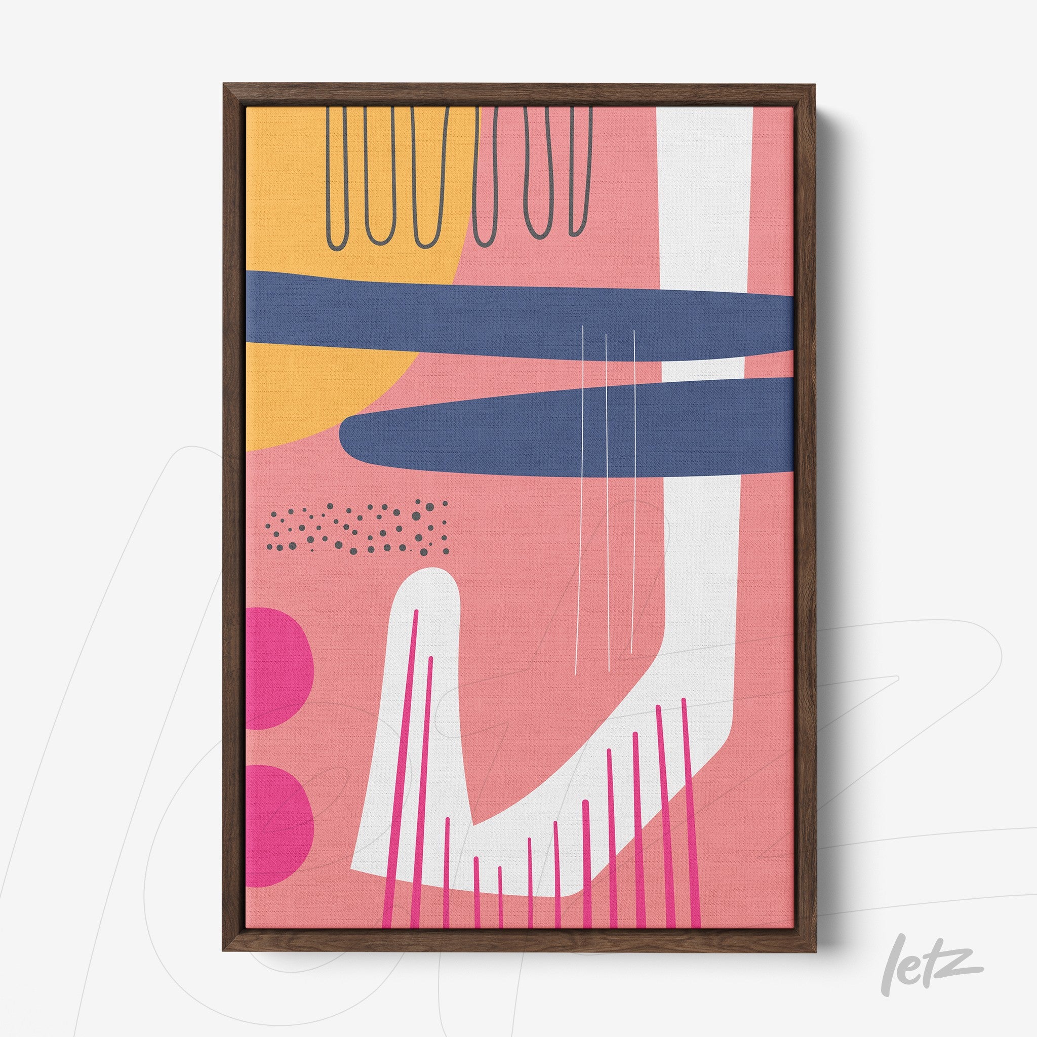 impressão em canvas com arte boho abstrata, formas geométricas e cores modernas em moldura freijó