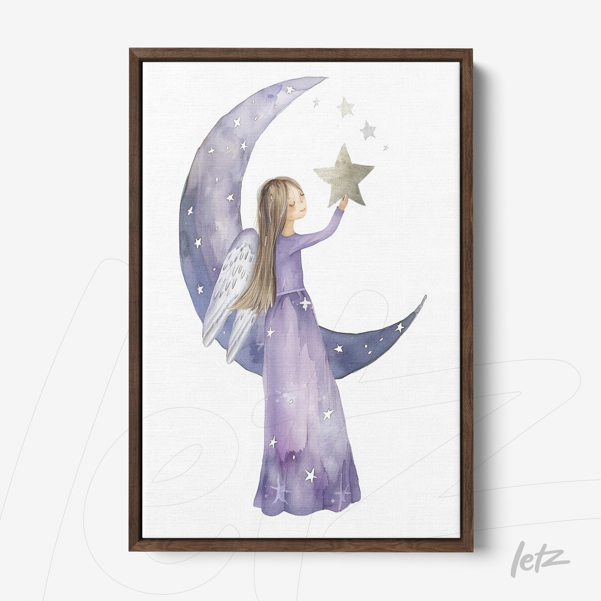 framed watercolor art of a girl with angel wings holding a star amidst a crescent moon with a light background