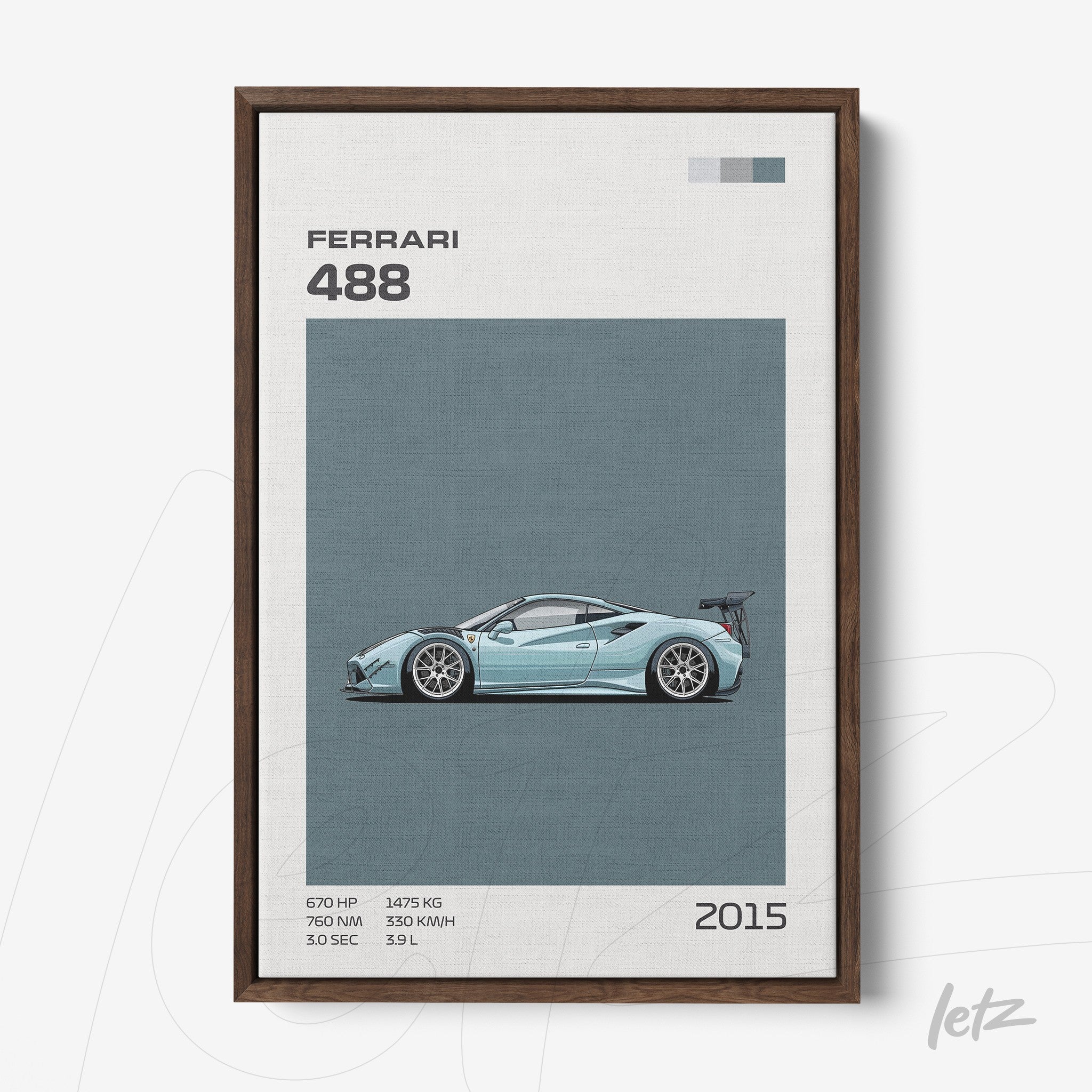 framed art of the ferrari 488 with dark wooden frame and soft blue background