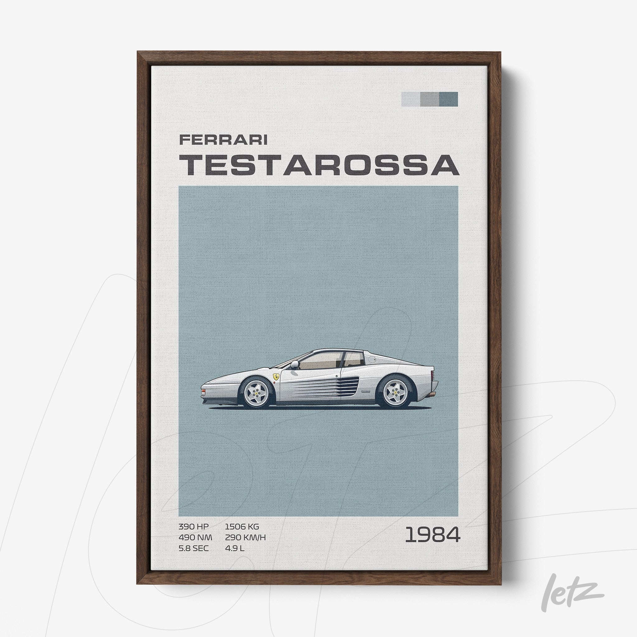 framed graphic art of the Ferrari Testarossa with dark wood frame