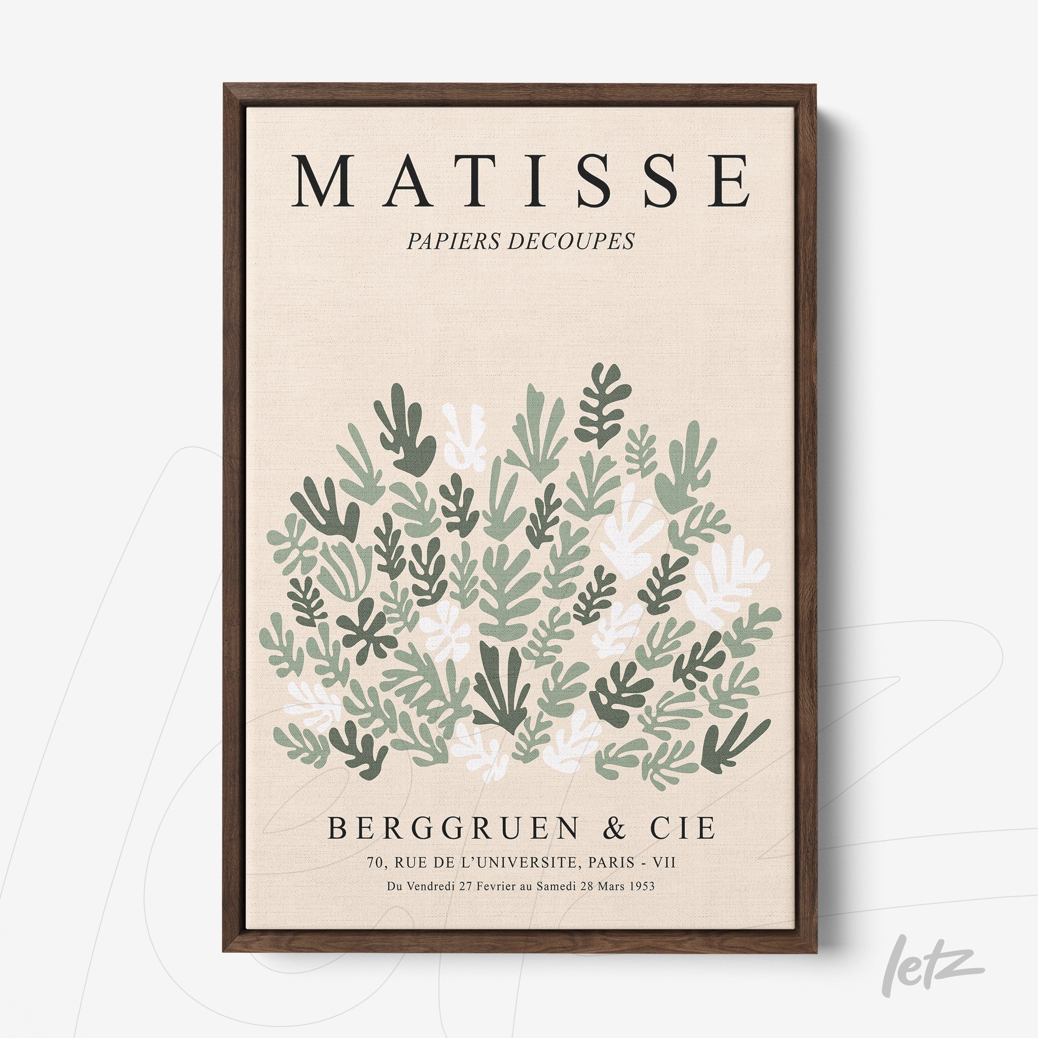 framed art print in the style of Matisse featuring stylized green and white leaves with a dark wooden frame