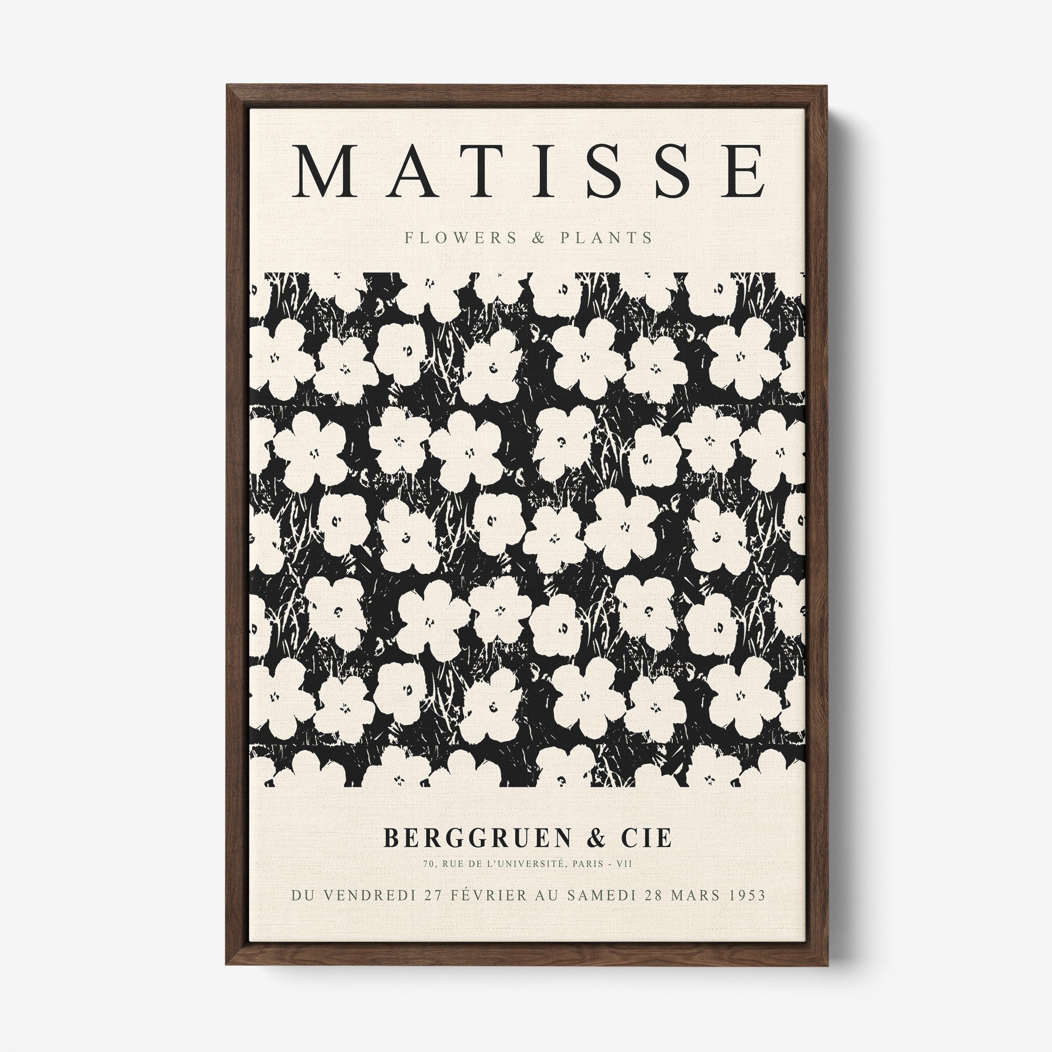 vintage style framed art featuring white flowers on a black background with dark wooden frame