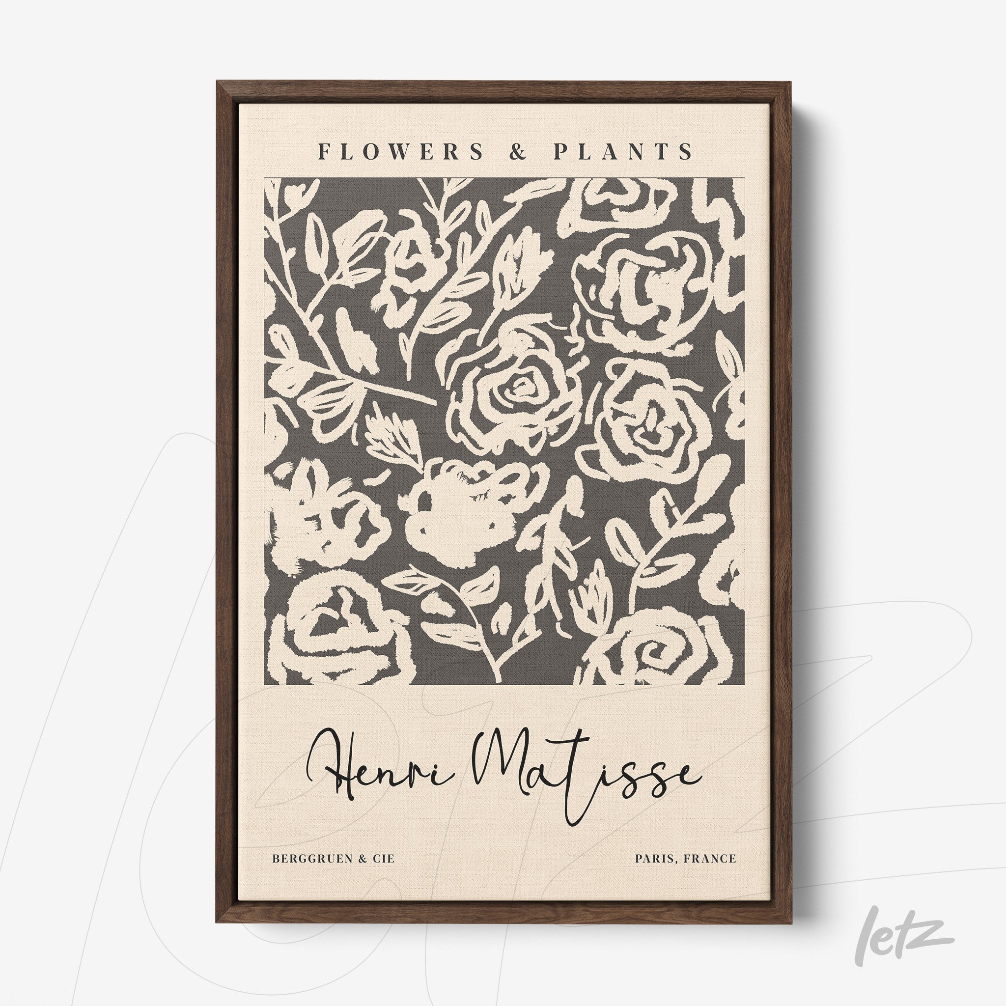 framed wall art featuring floral design on neutral background inspired by Henri Matisse