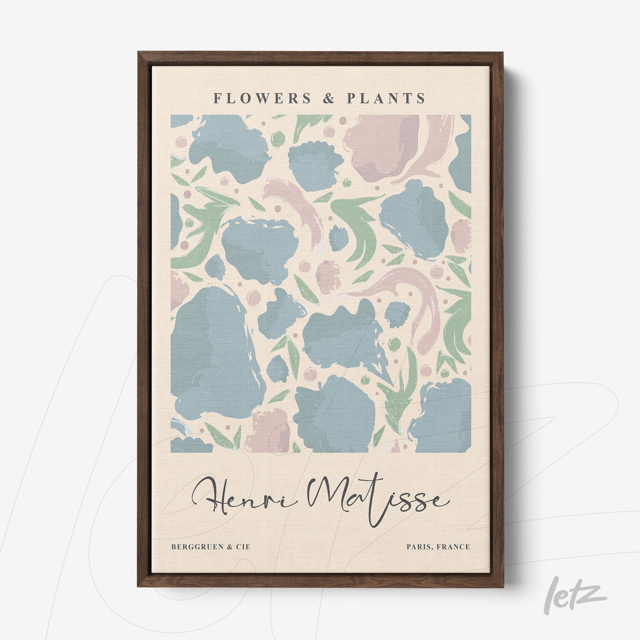 framed wall art featuring vintage floral design with dark wood frame, light background with colorful shapes in blue, pink, and green
