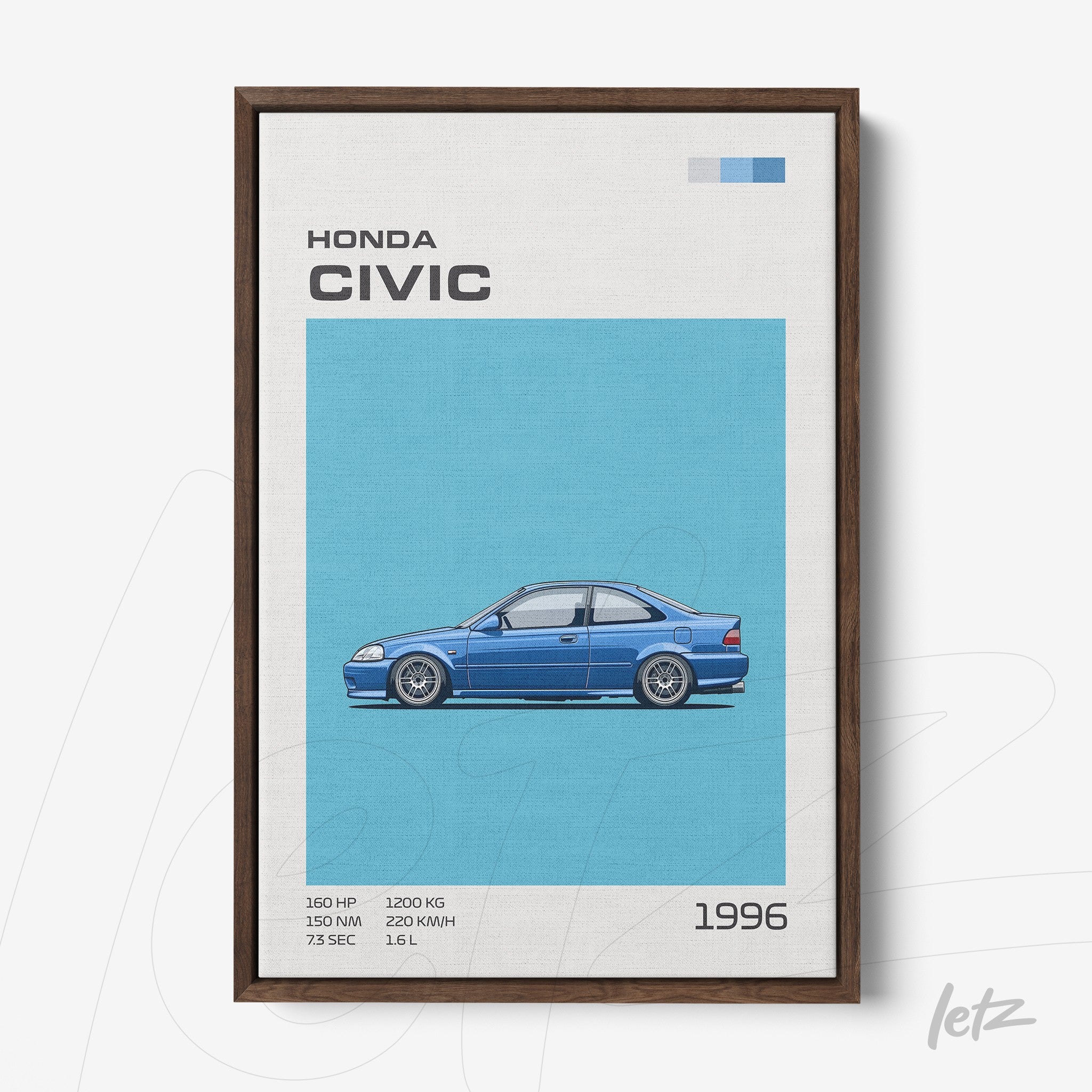 framed artwork featuring a blue 1996 Honda Civic with dark wooden frame