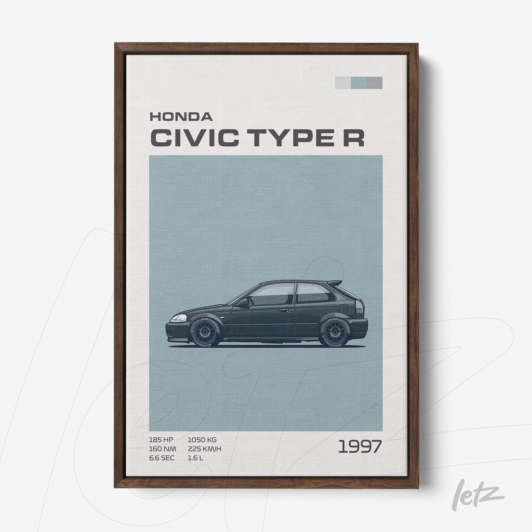 framed digital art of the 1997 Honda Civic Type R with dark wood frame