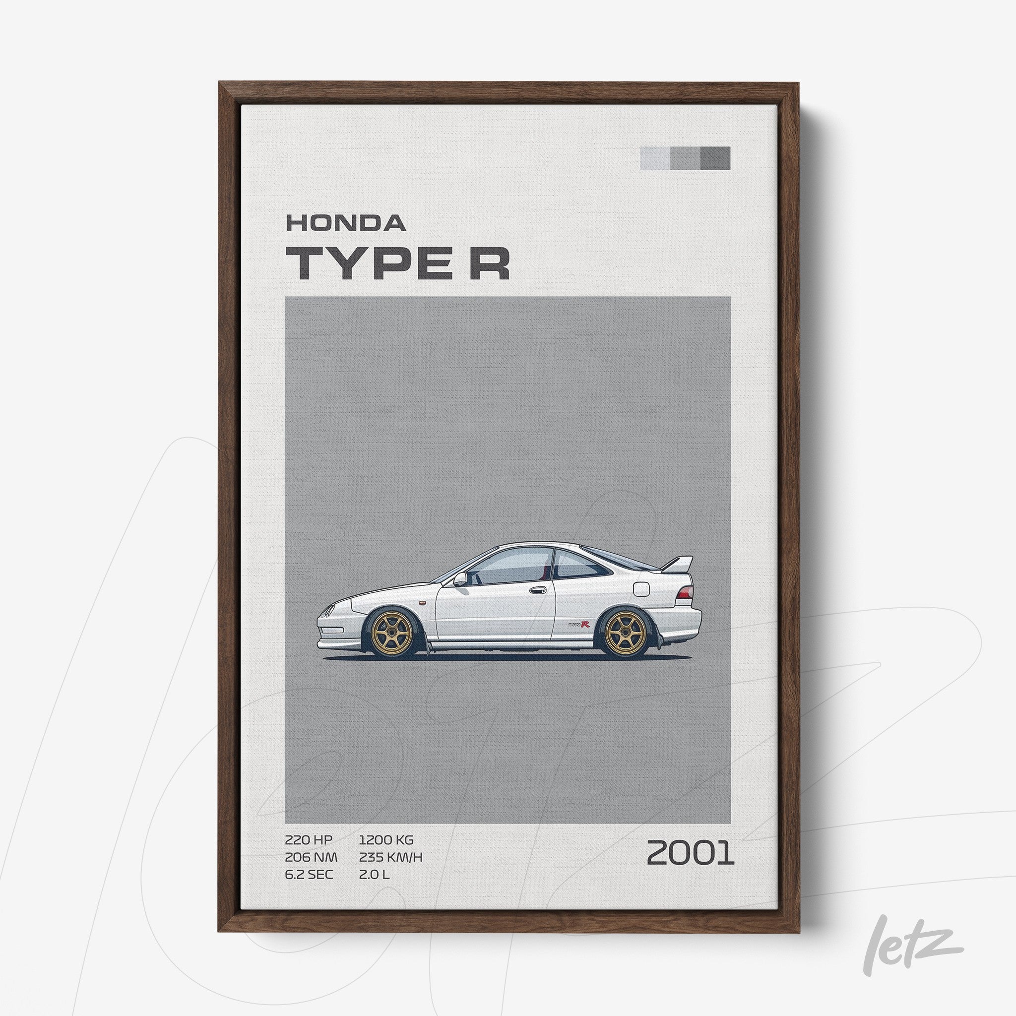 framed artwork of a 2001 Honda Civic Type R illustration in dark wood frame with gray background