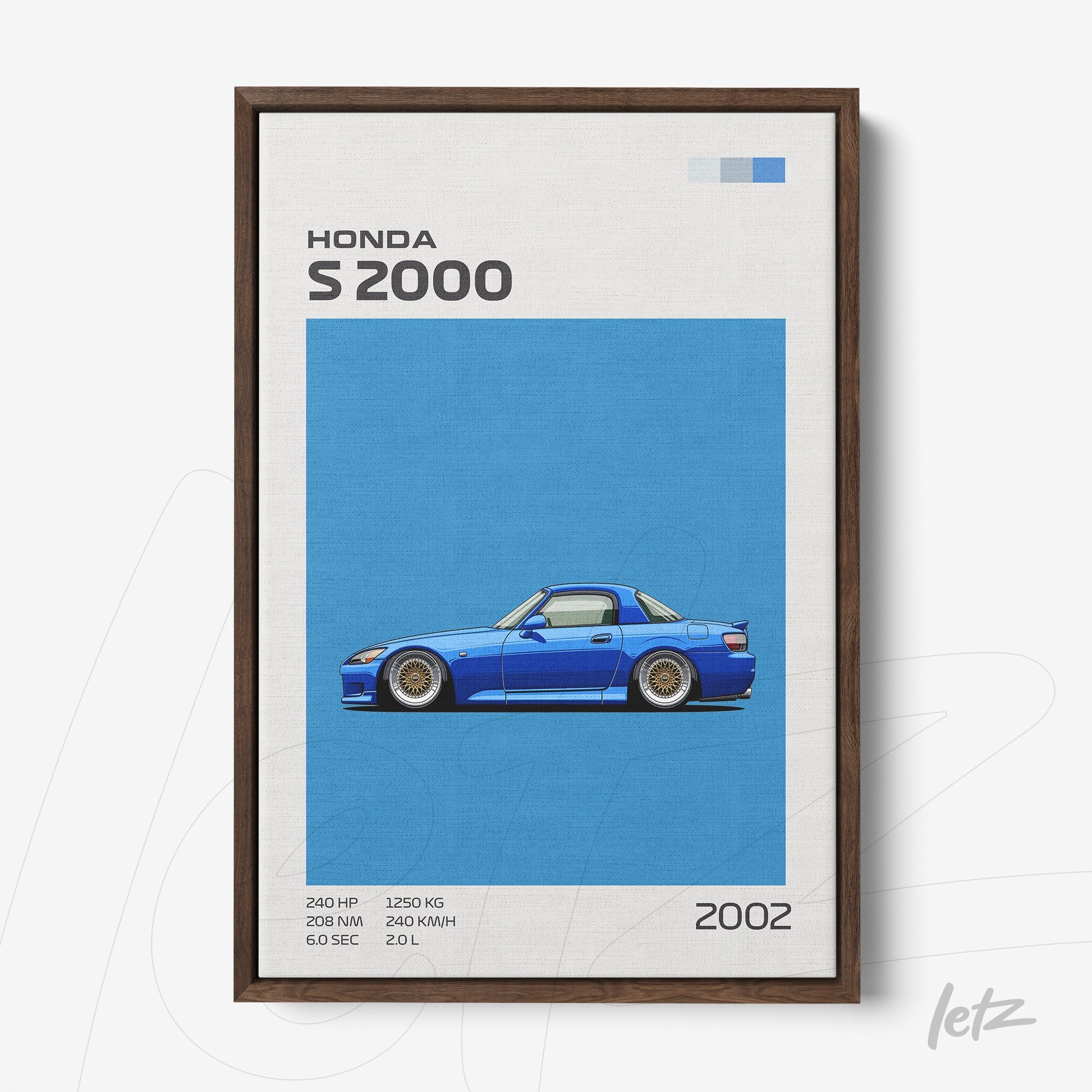 framed artwork featuring a Honda S2000 illustration on a vibrant blue background with a dark wood frame