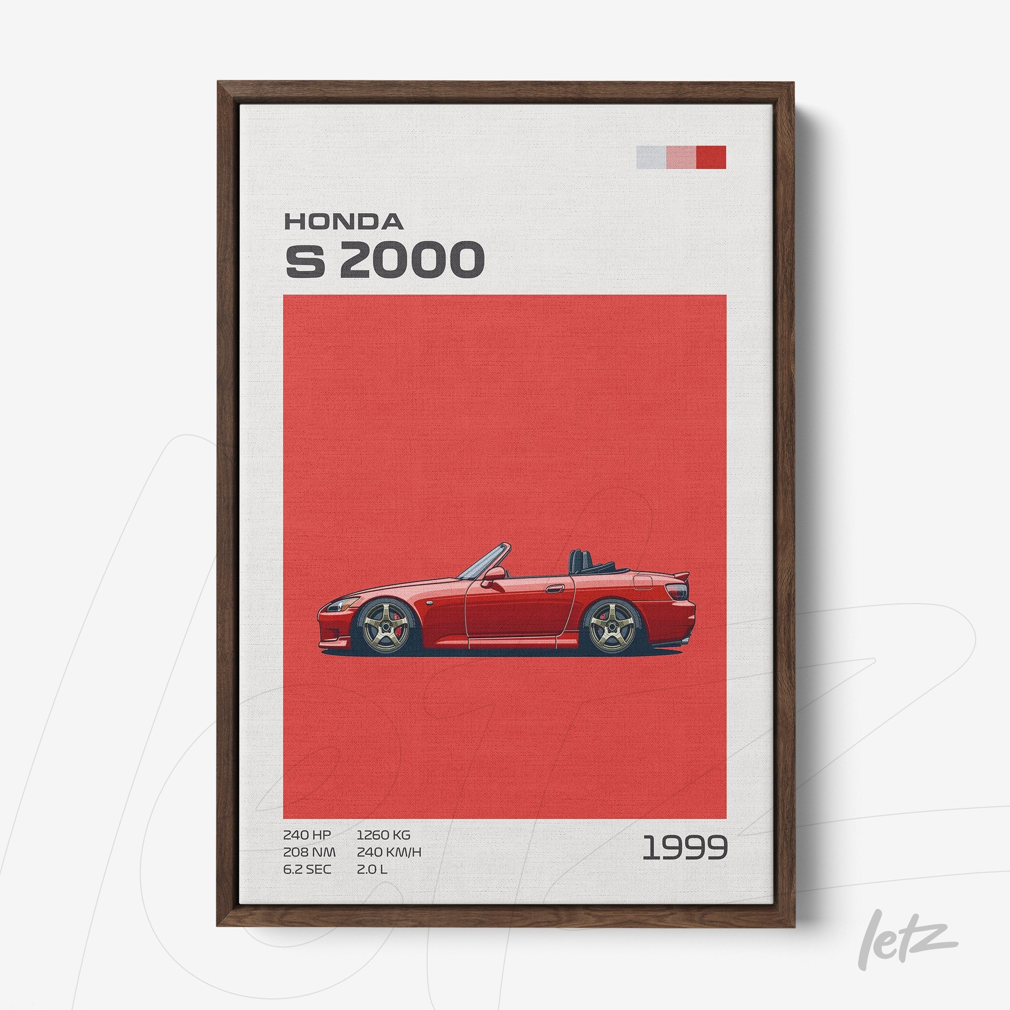 framed art featuring the sporty Honda S2000 illustration on a red background with dark wooden frame