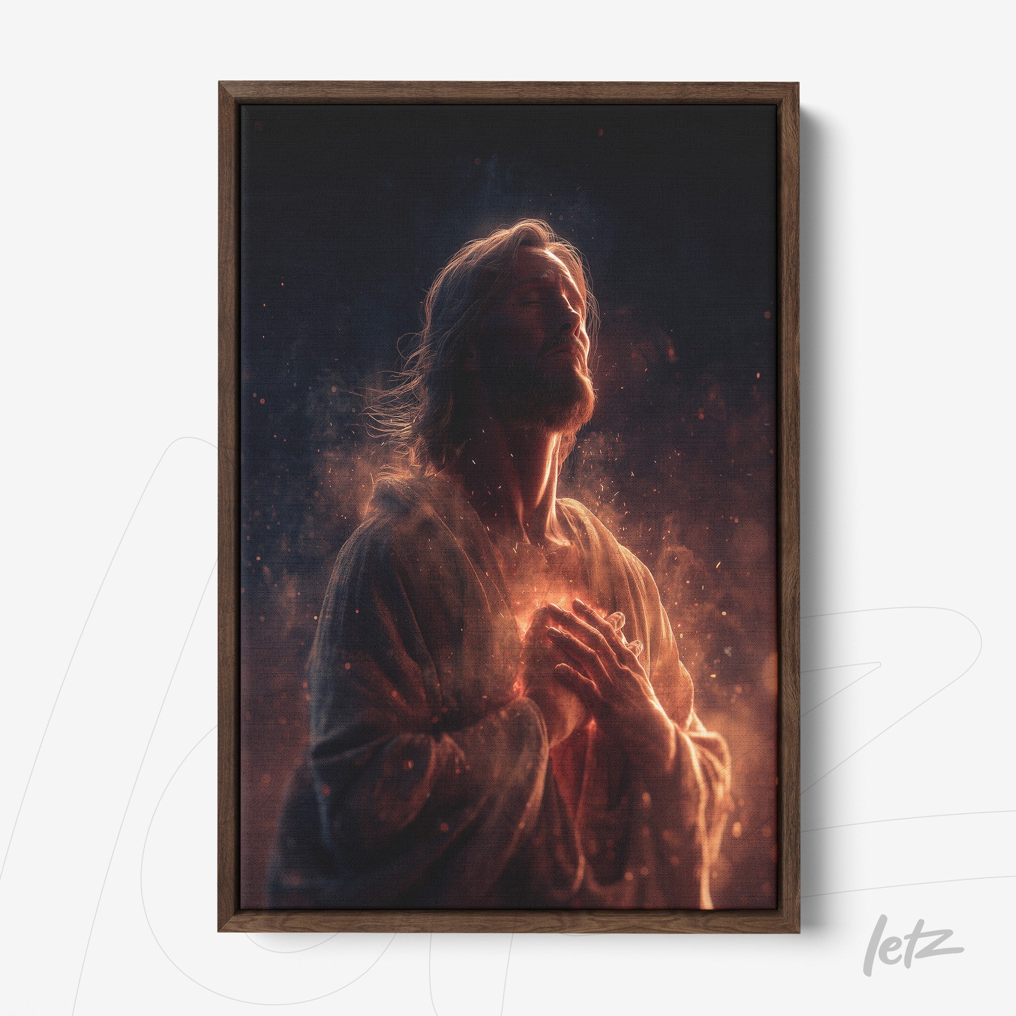 framed digital art of a religious figure radiating light with dark wood frame