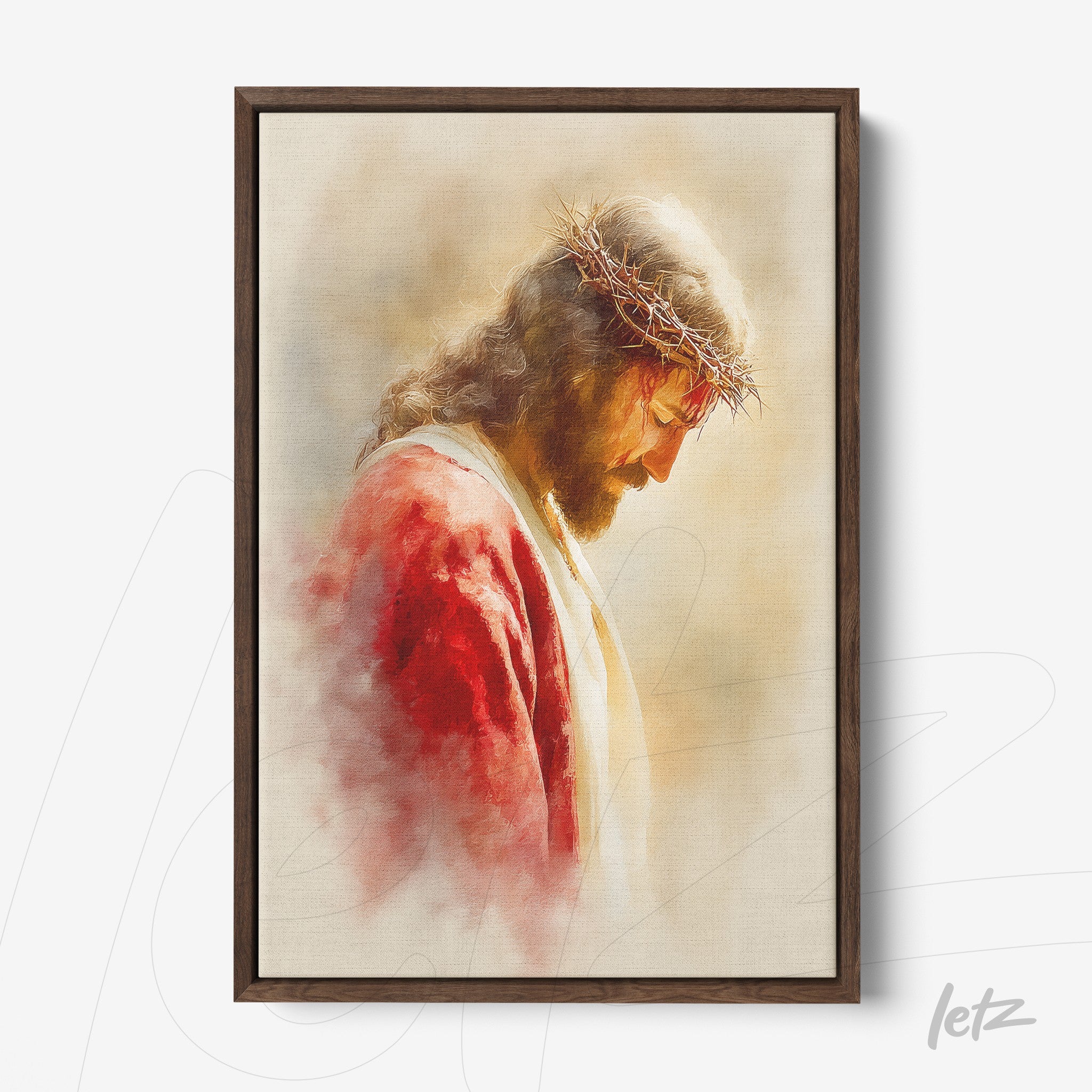 framed sacred art featuring jesus christ with a crown of thorns in dark wood frame