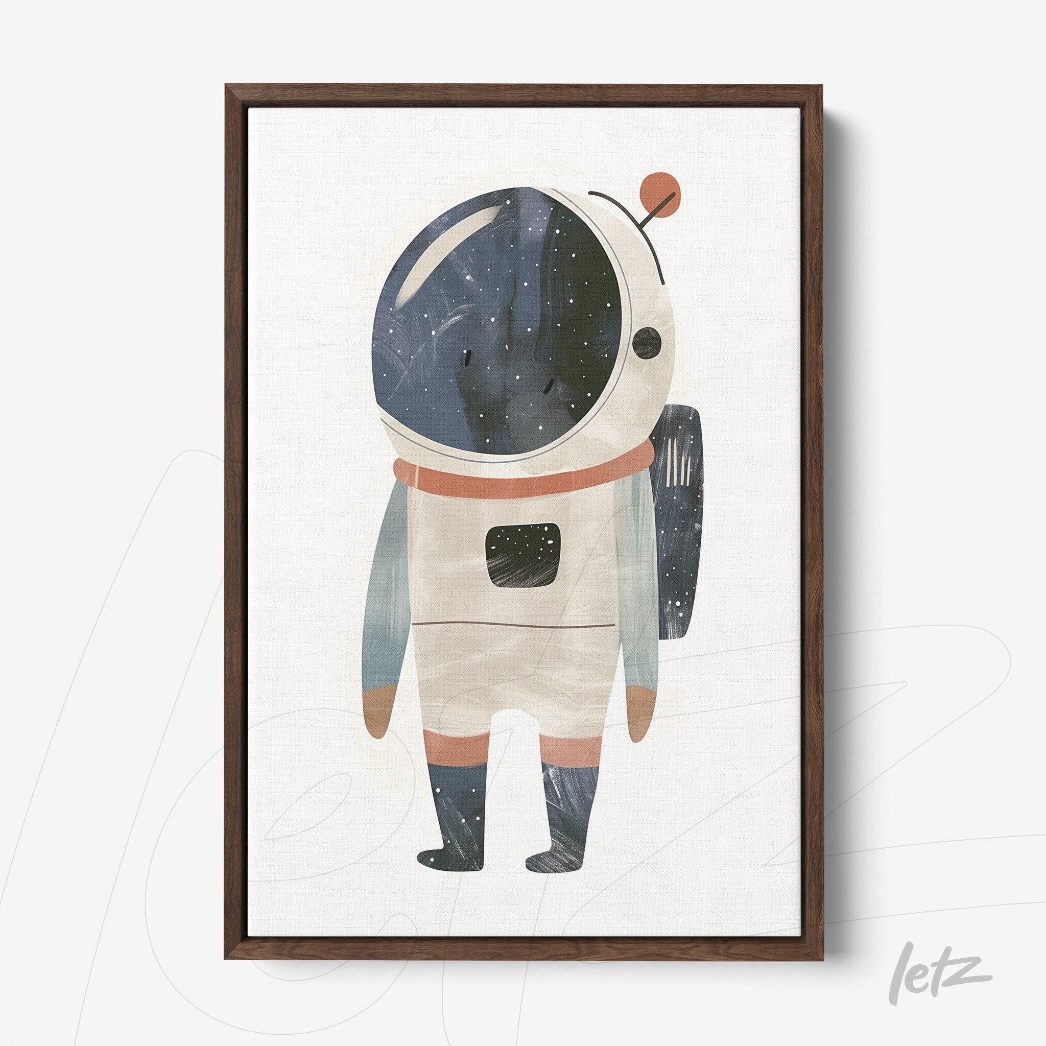 framed artwork featuring a watercolor illustration of an astronaut with a light brown frame