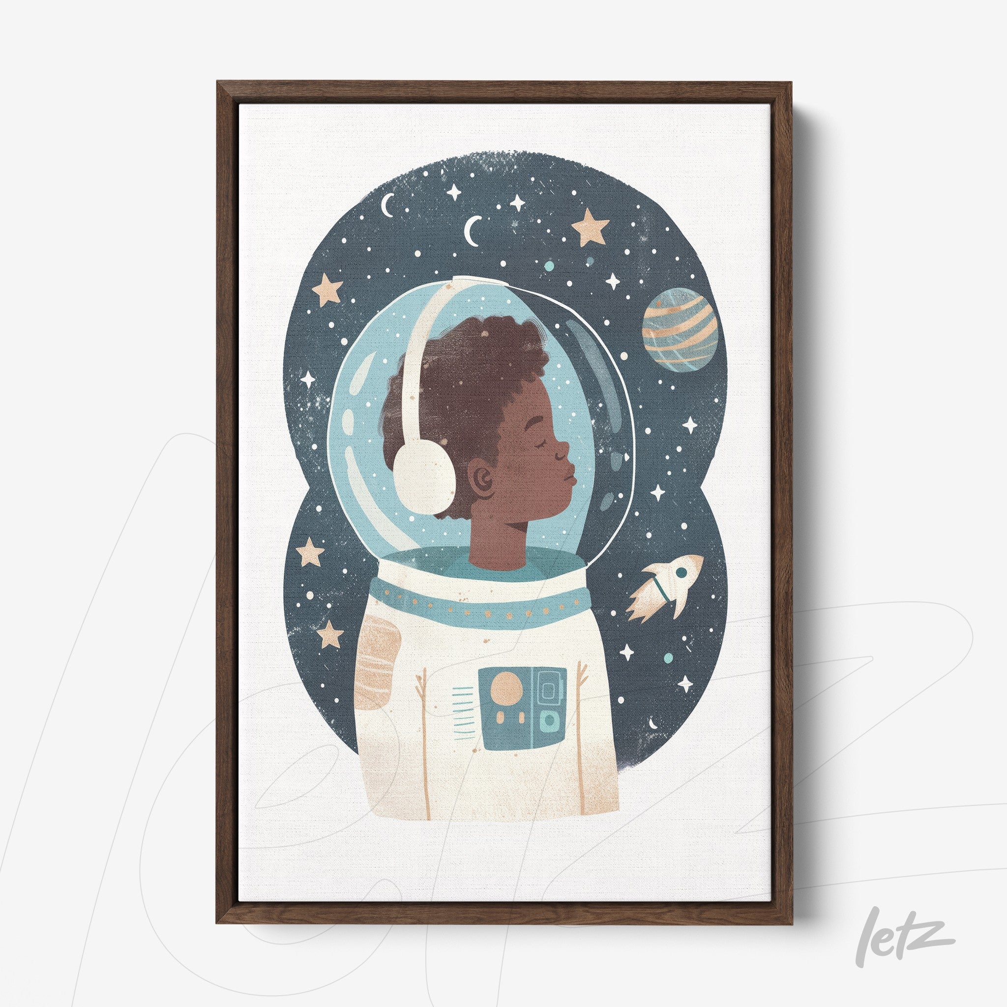 canvas print featuring an illustration of a young astronaut boy against a starry background with a dark wooden frame