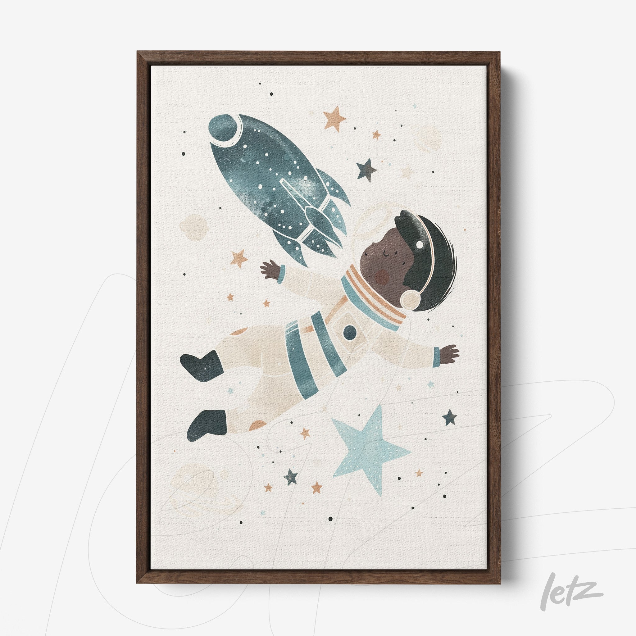 framed wall art featuring a black child astronaut floating in space with a dark wooden frame and light background