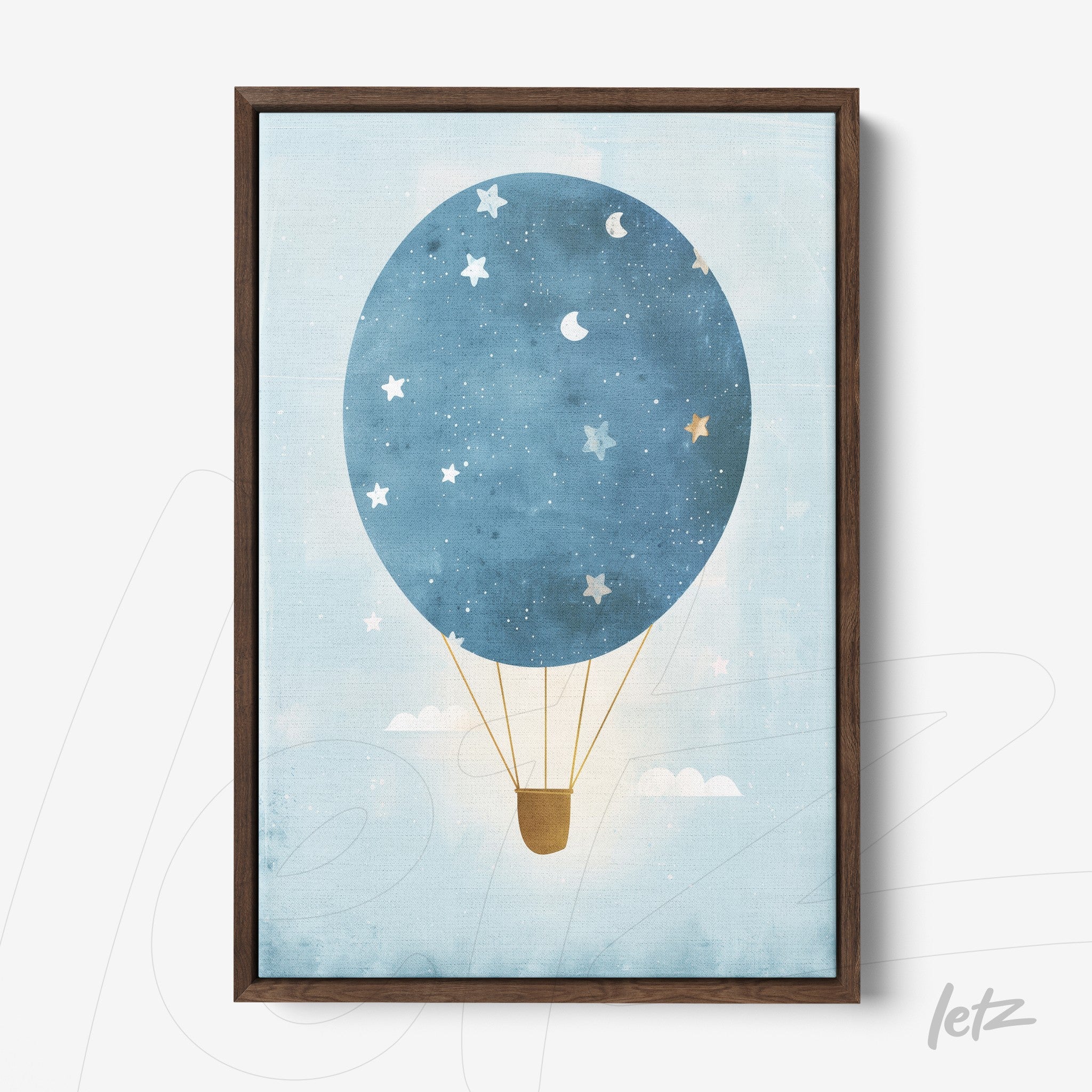 framed artwork of a blue hot air balloon against a light background with stars and clouds featuring a dark wood frame