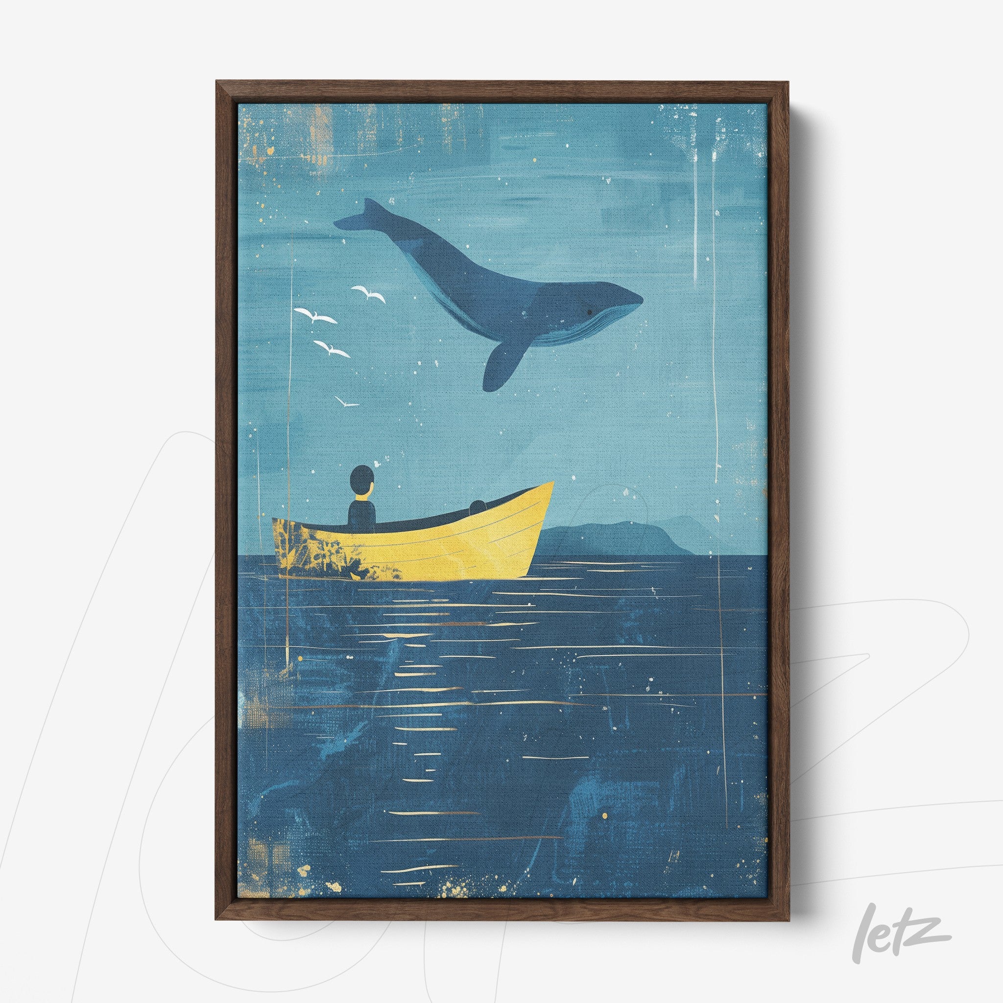 framed illustrative art depicting a marine scene with a yellow boat and a leaping whale, dark textured frame