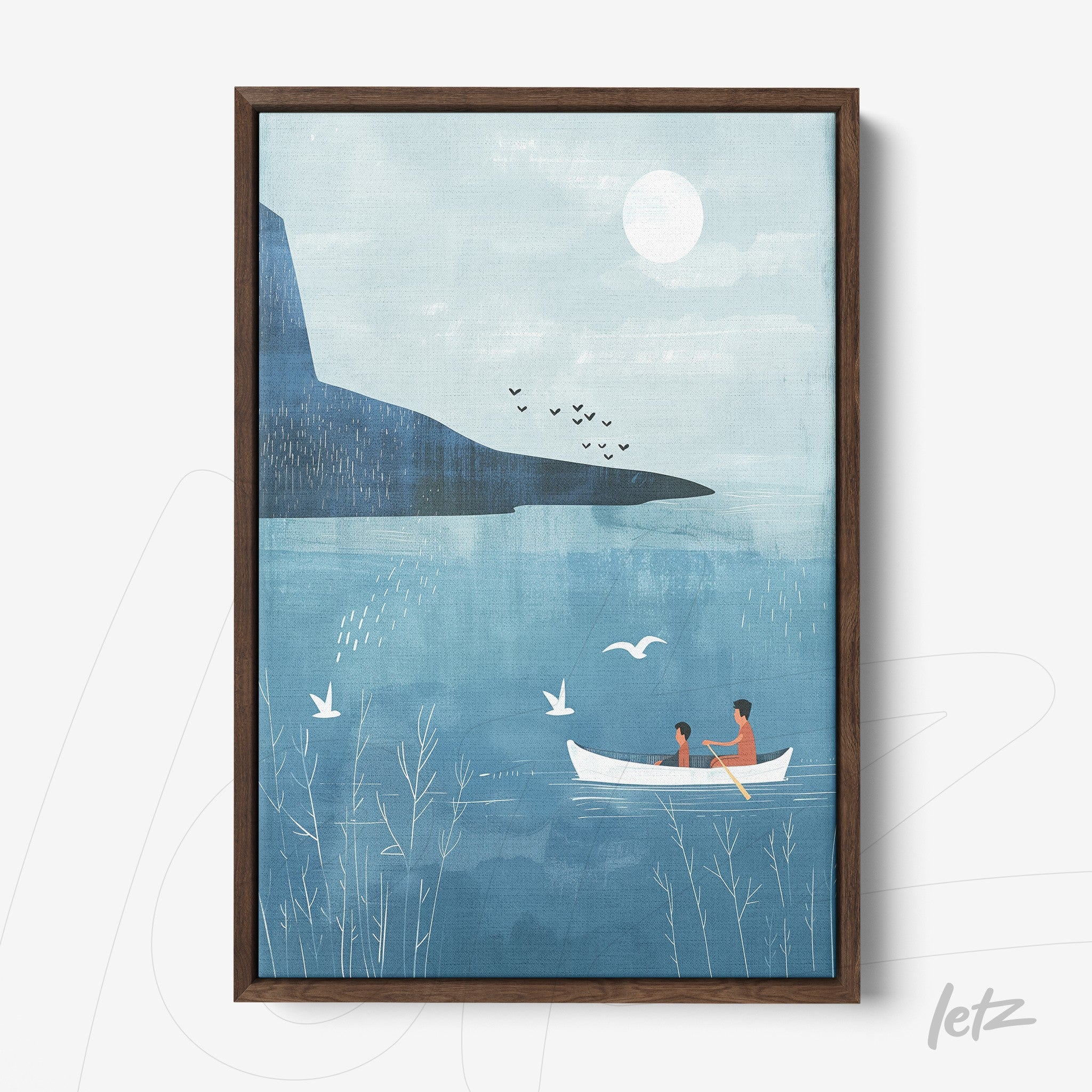 framed artwork featuring a minimalist illustration of a couple in a boat on a lake under a light blue sky with sun and birds
