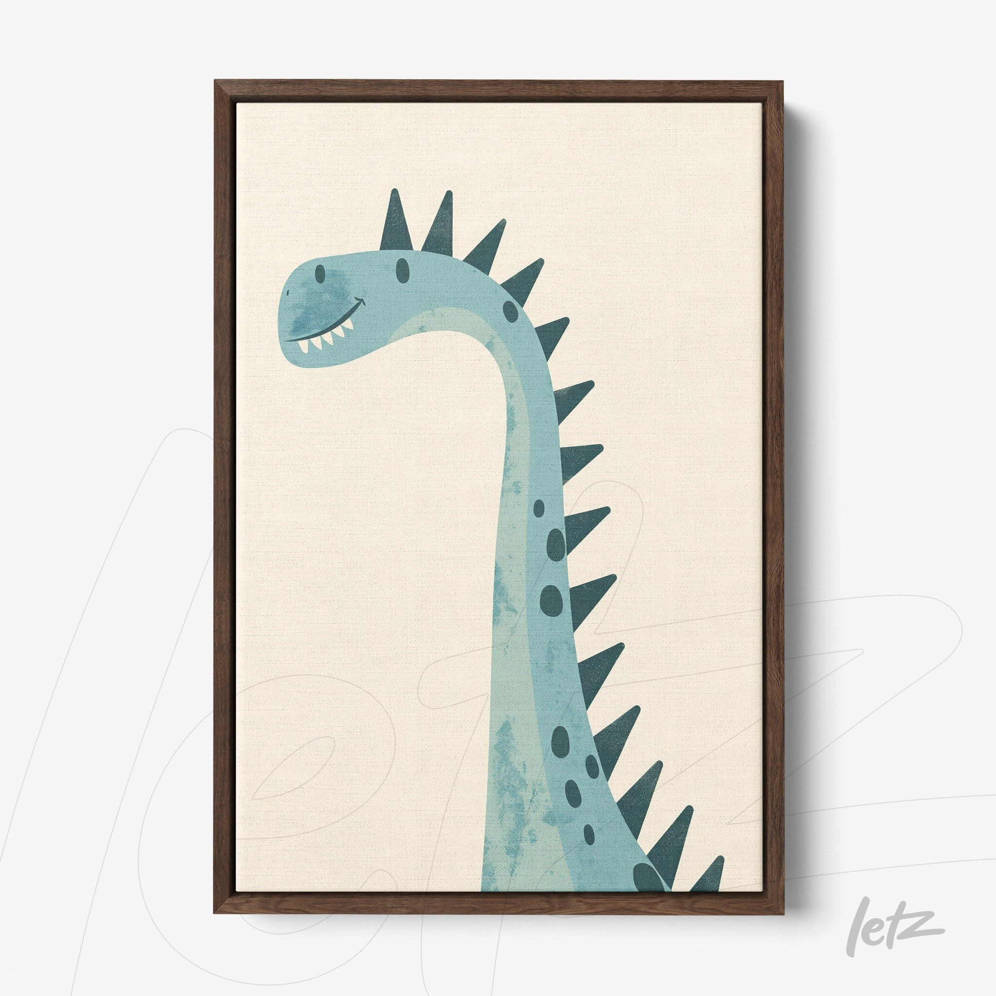 framed wall art featuring a blue dinosaur illustration with a brown frame