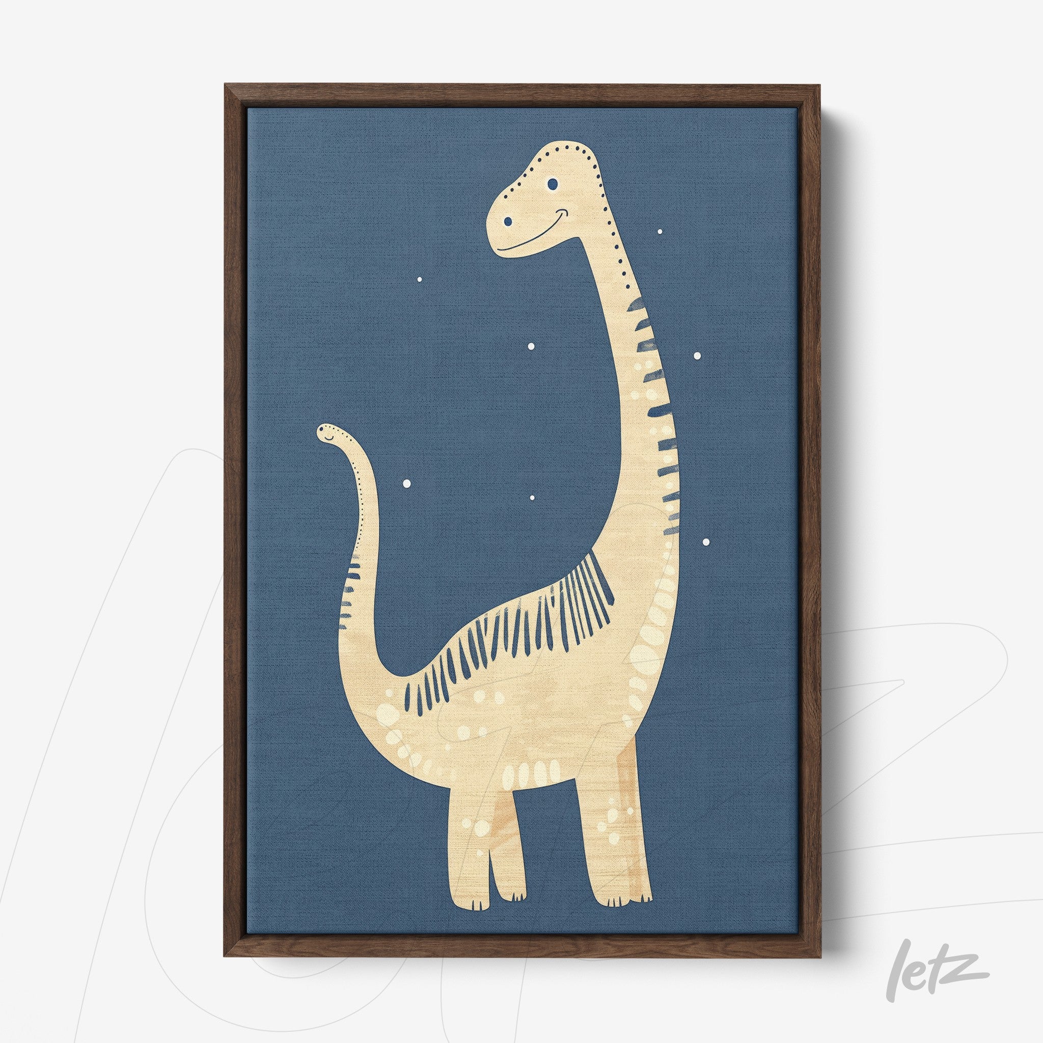 framed artwork featuring a children's illustration of a dinosaur on a dark blue background with a dark wooden frame