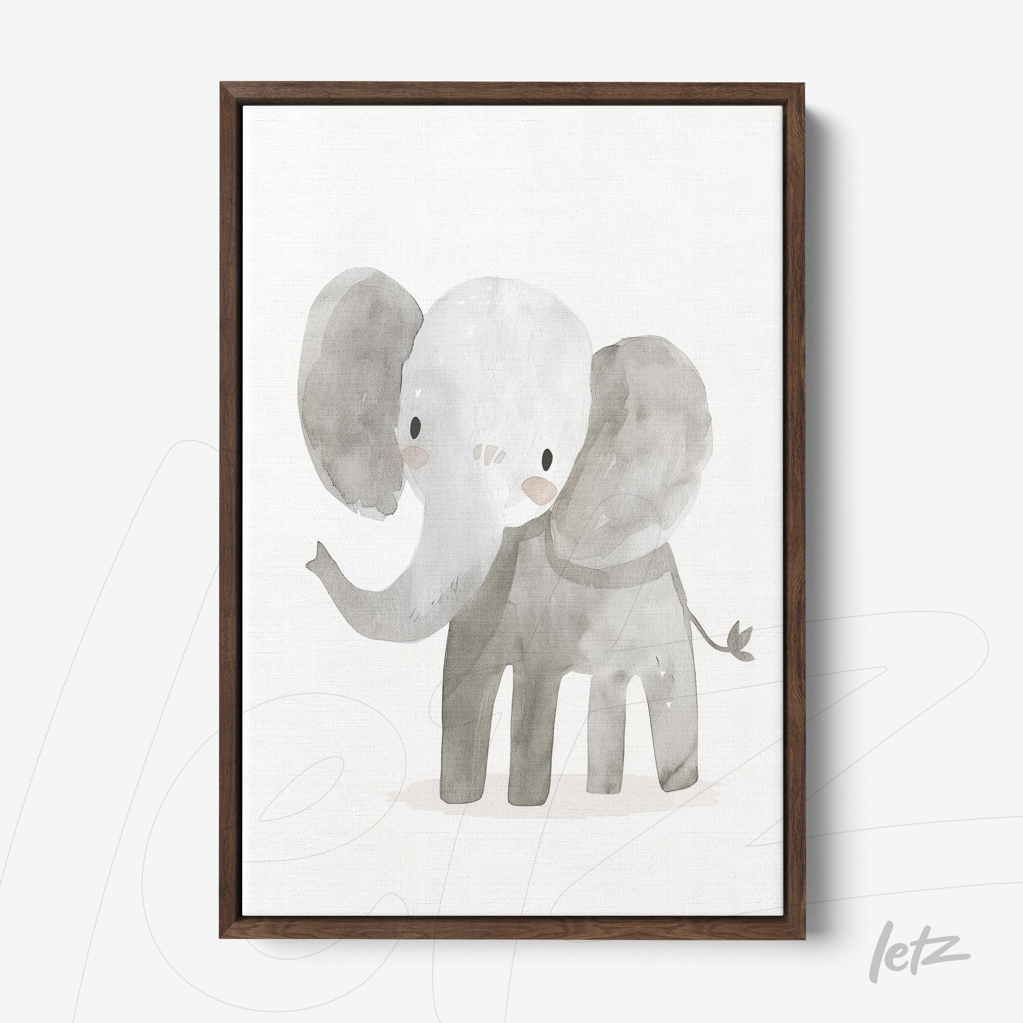 framed watercolor illustration of a gray elephant with a dark wood frame
