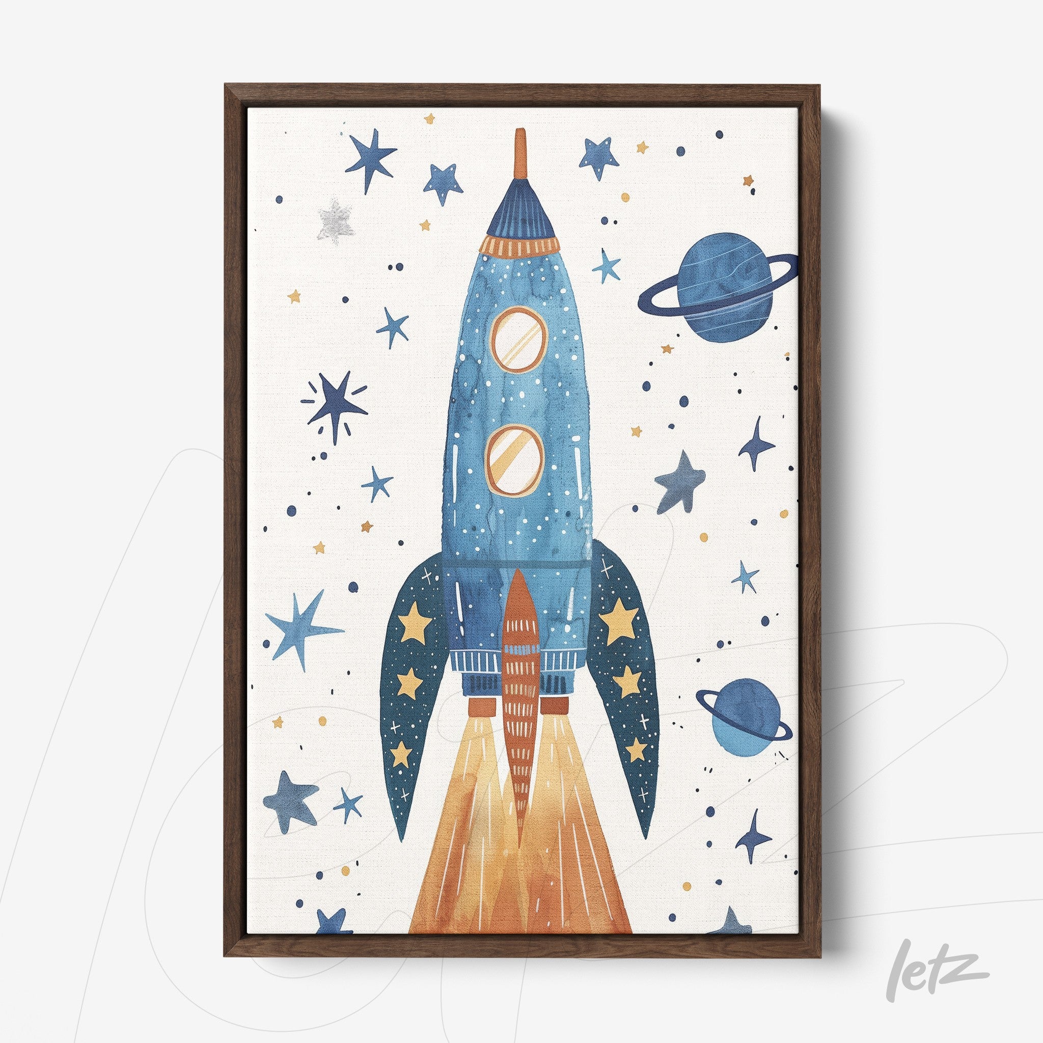 children's wall art featuring a blue rocket with space elements like planets and stars in a dark wood frame