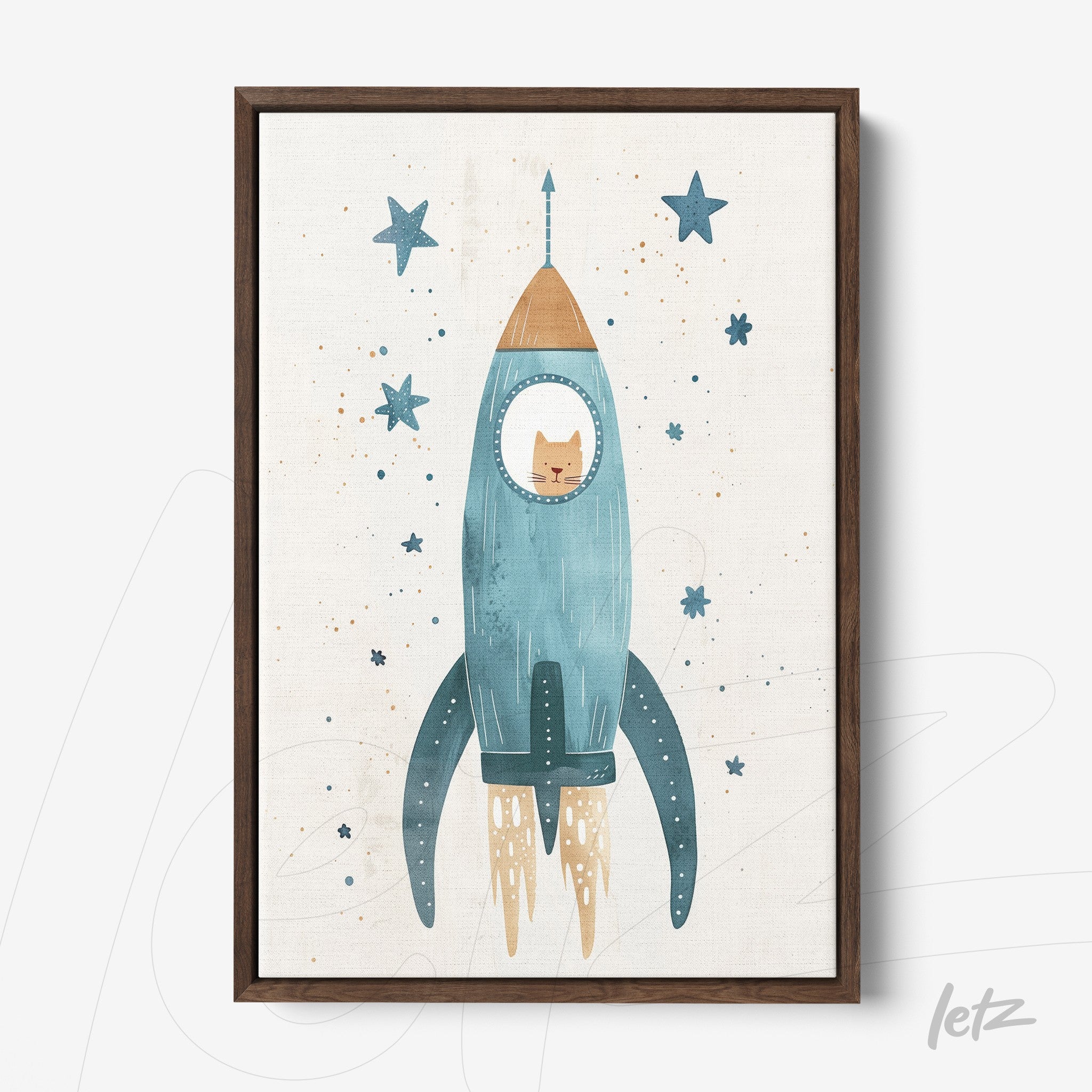 framed kids' art featuring a blue rocket with a cat inside against a starry background