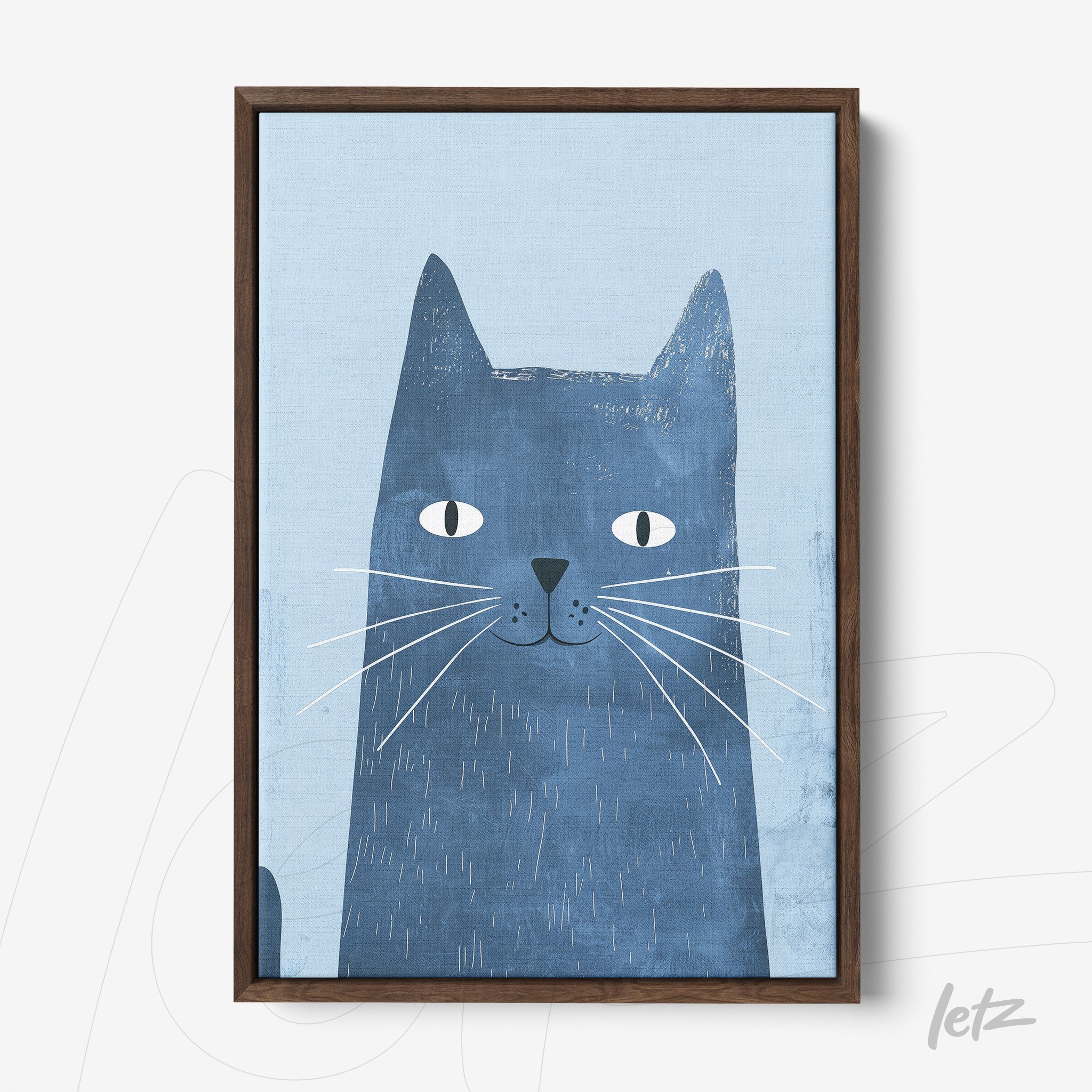 framed art piece featuring a stylized blue cat with a dark wood frame