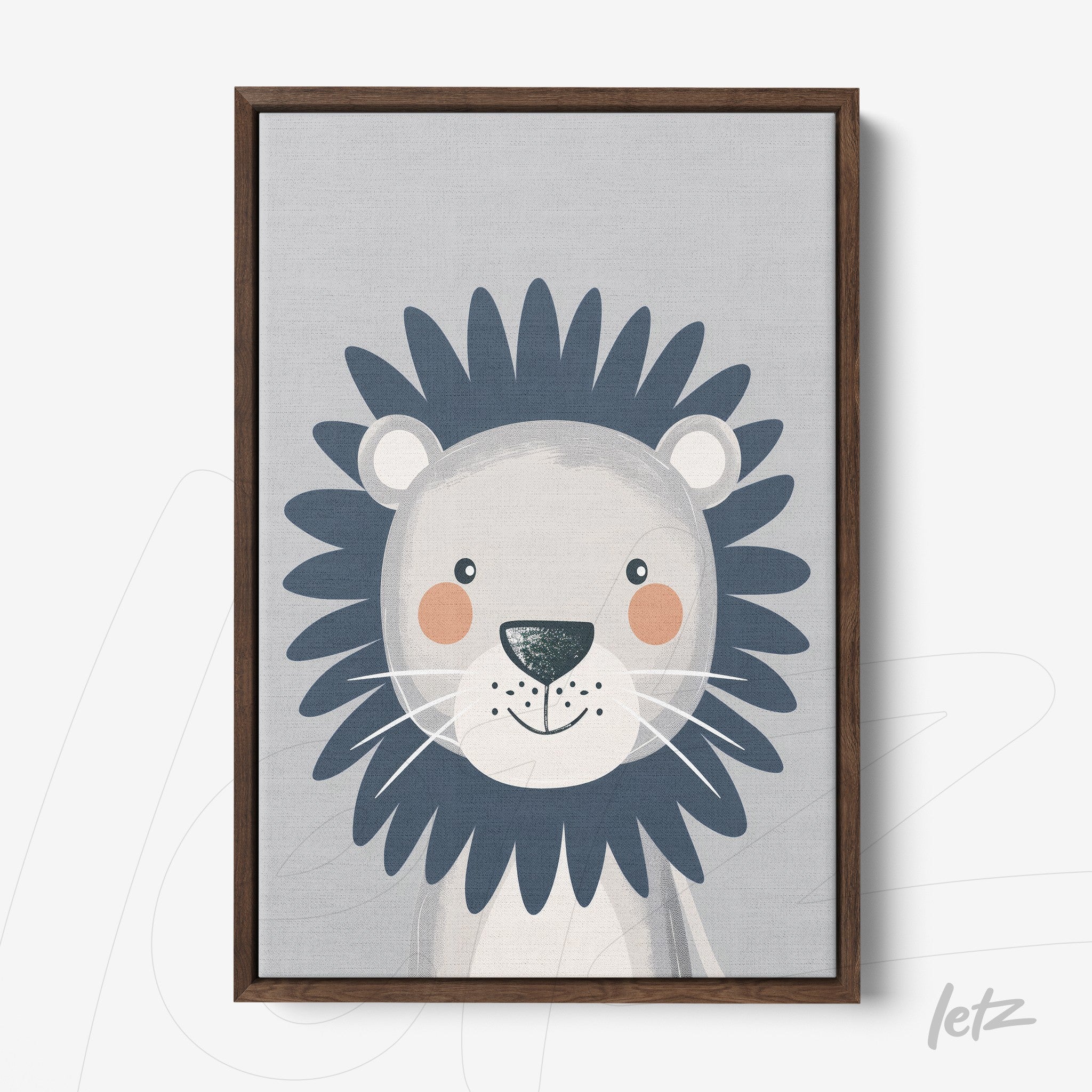 framed wall art featuring a smiling lion illustration with a dark wood frame