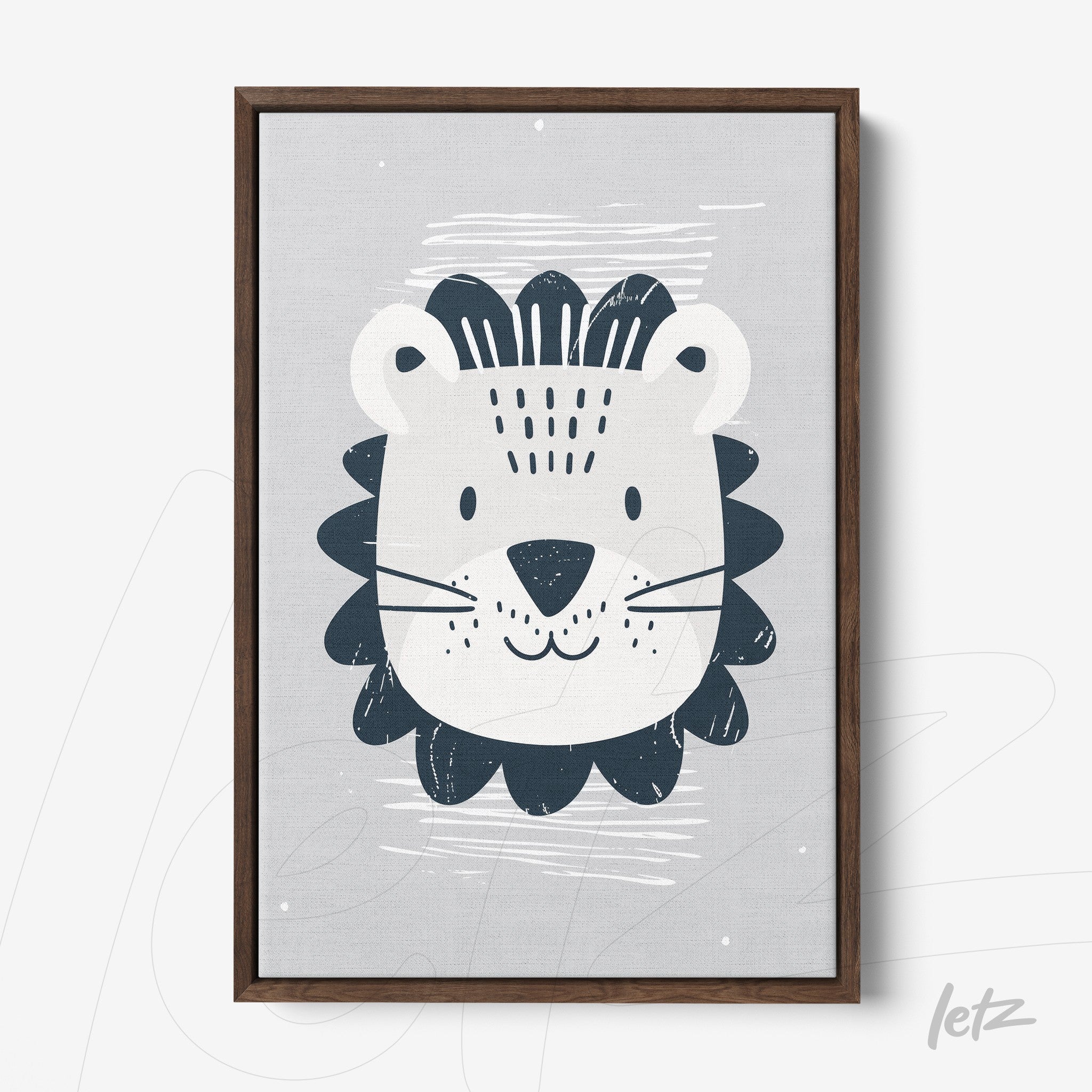 framed artwork of a stylized lion in gray background with dark wood frame