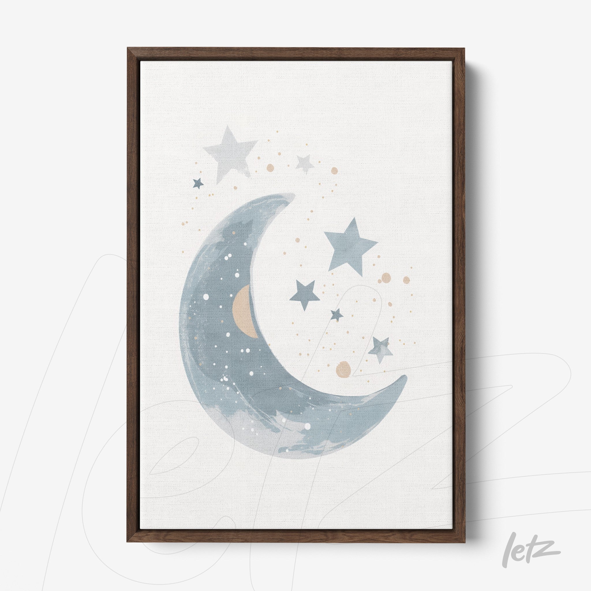 framed artwork of a crescent moon and stars in soft blue and beige tones with a dark wood frame