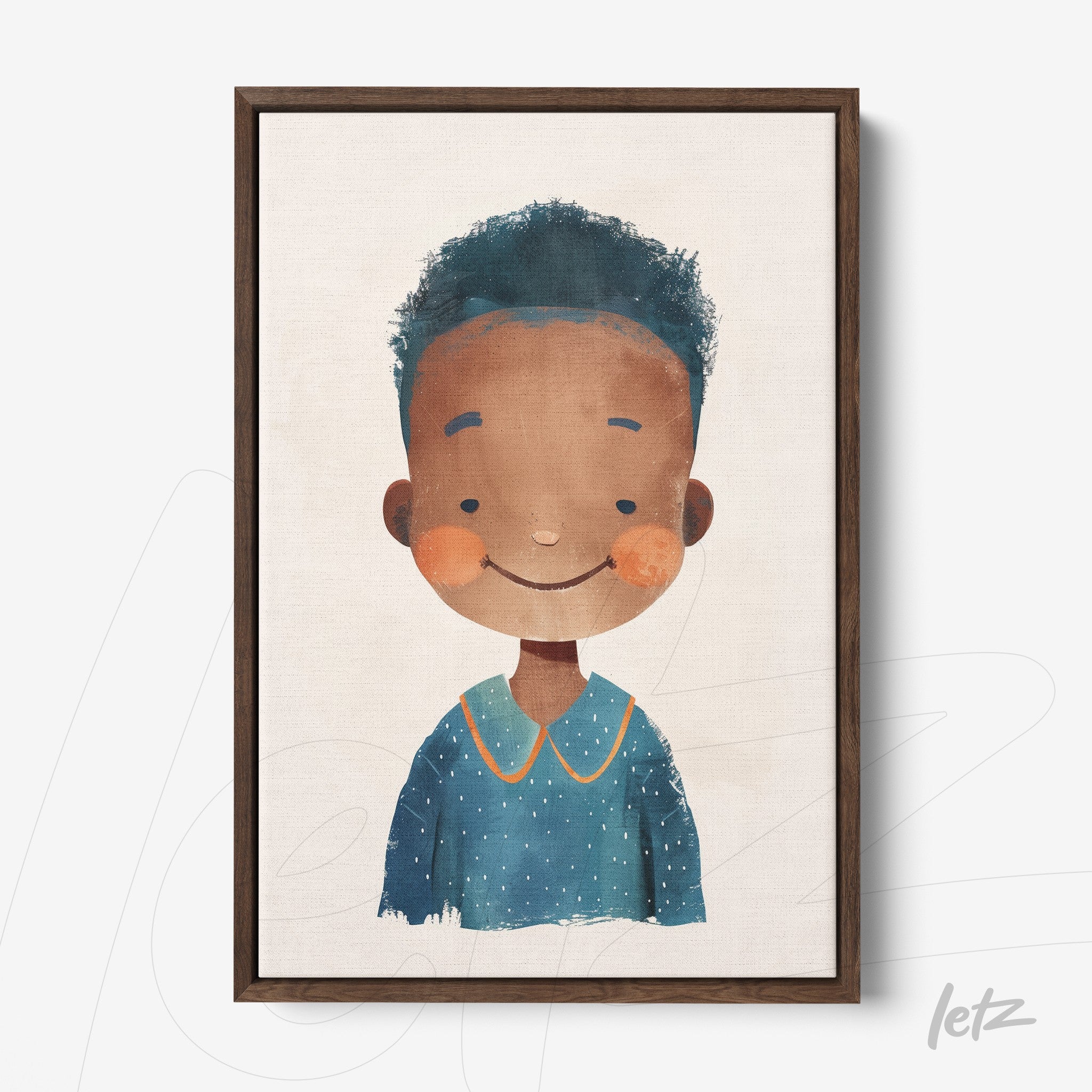 framed artwork of a cheerful child character with textured hair and blue shirt on light background