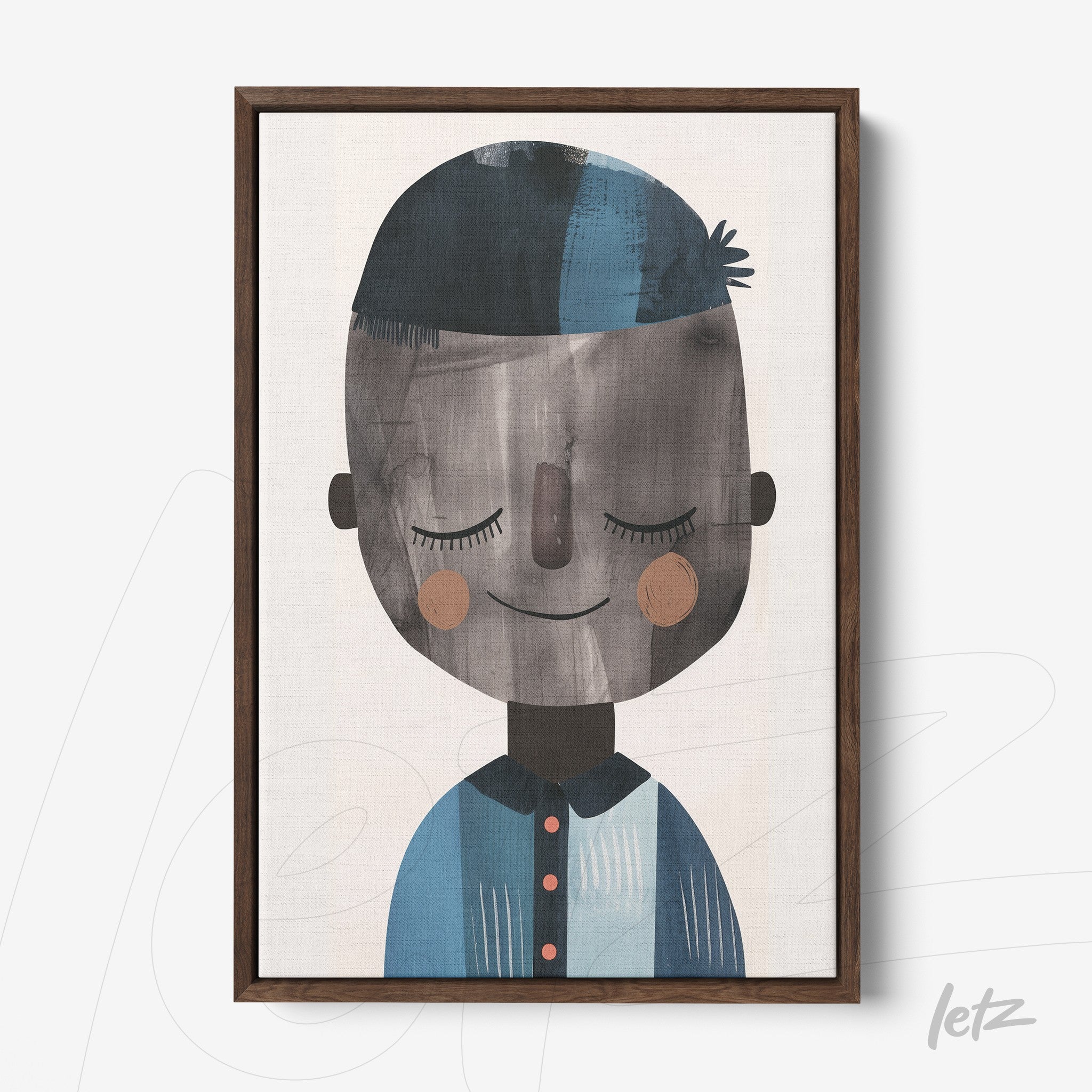 framed playful art of a smiling boy with dark hair and blue outfit in a wooden frame