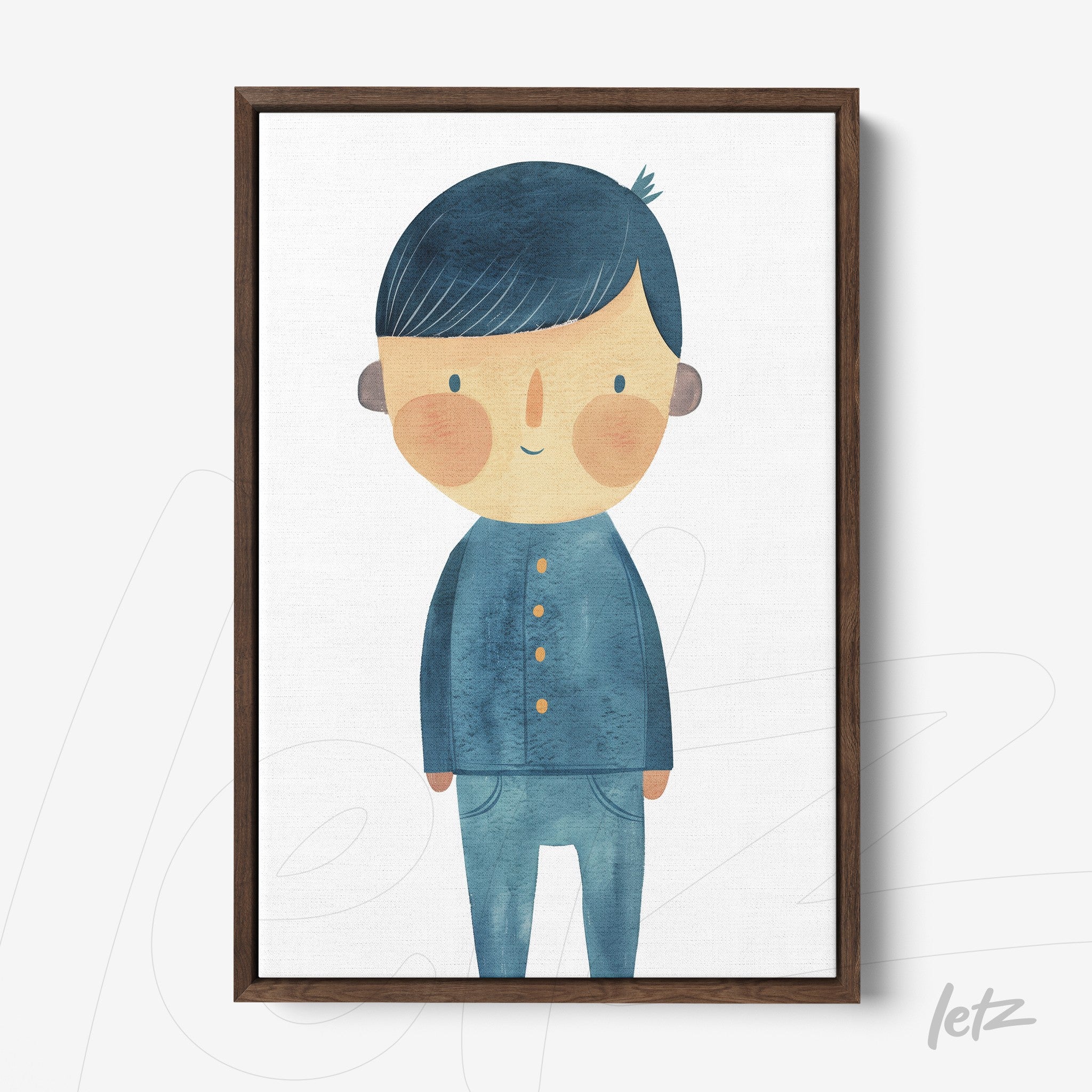 framed wall art featuring a colorful illustration of a smiling boy in blue outfit with brown frame