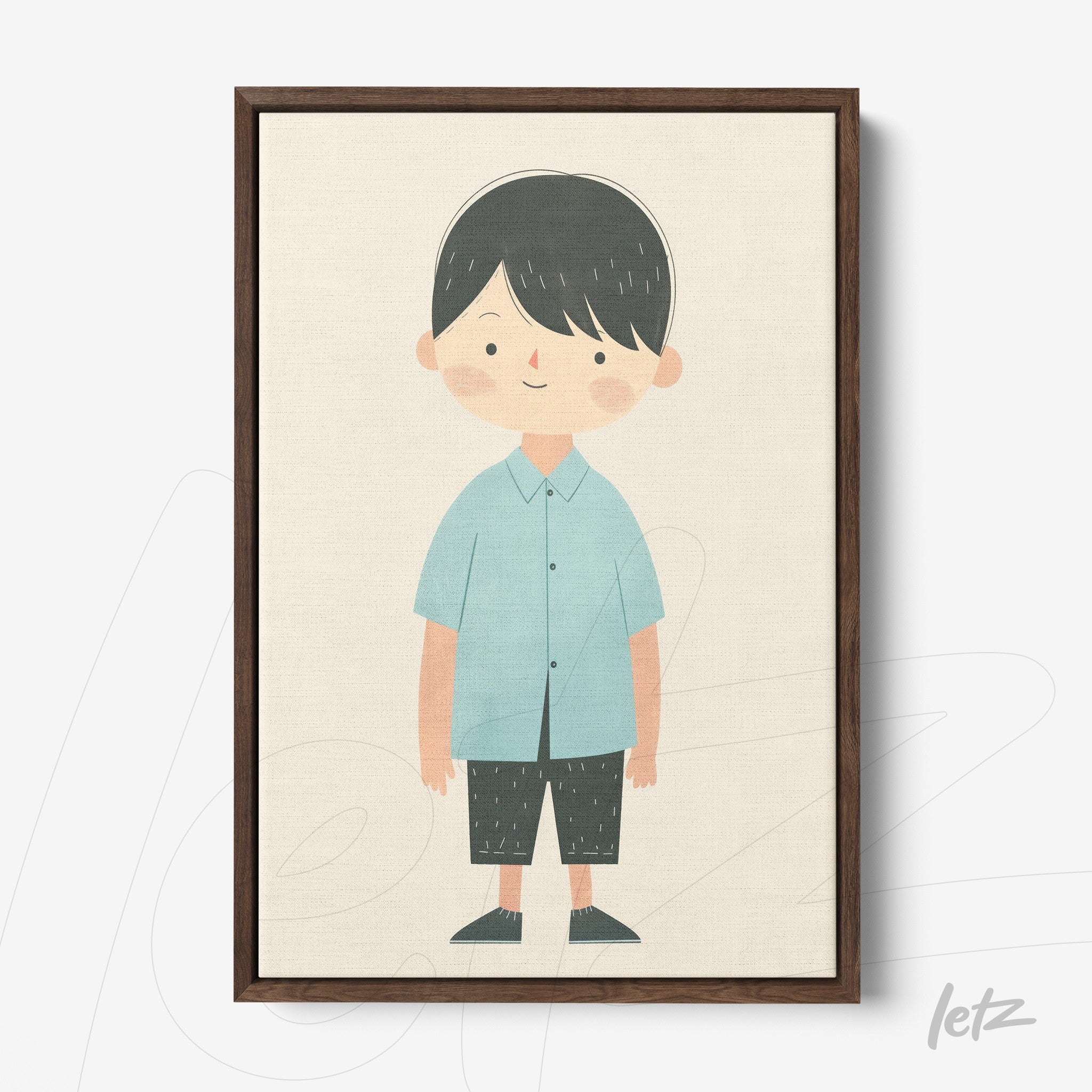 framed wall art featuring a children's illustration of a boy wearing a blue shirt and dark pants