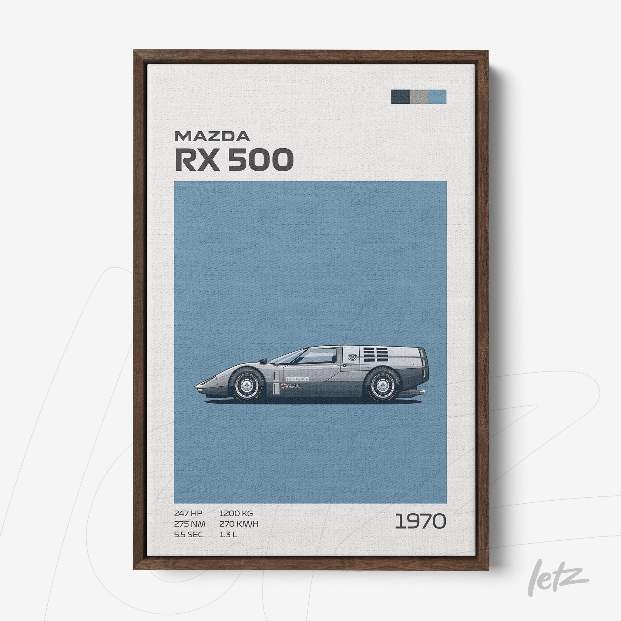 framed wall art of Mazda RX 500 sports car with dark wood frame and blue background