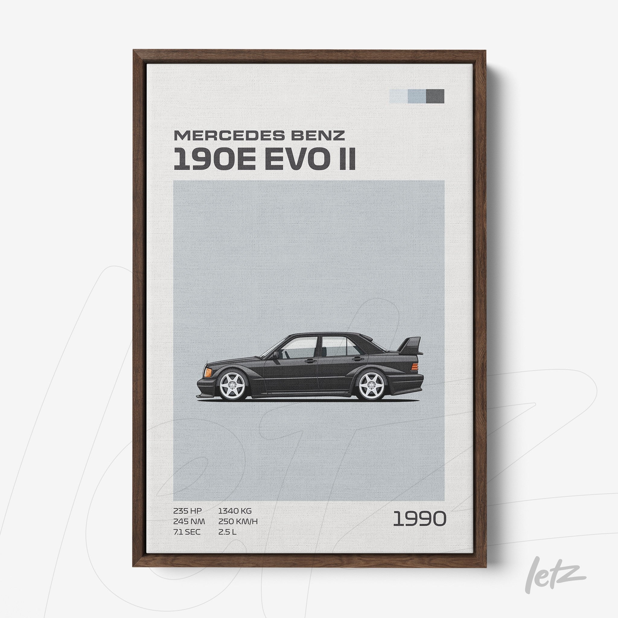 framed wall art featuring a stylized illustration of the Mercedes Benz 190E EVO II with a brown frame