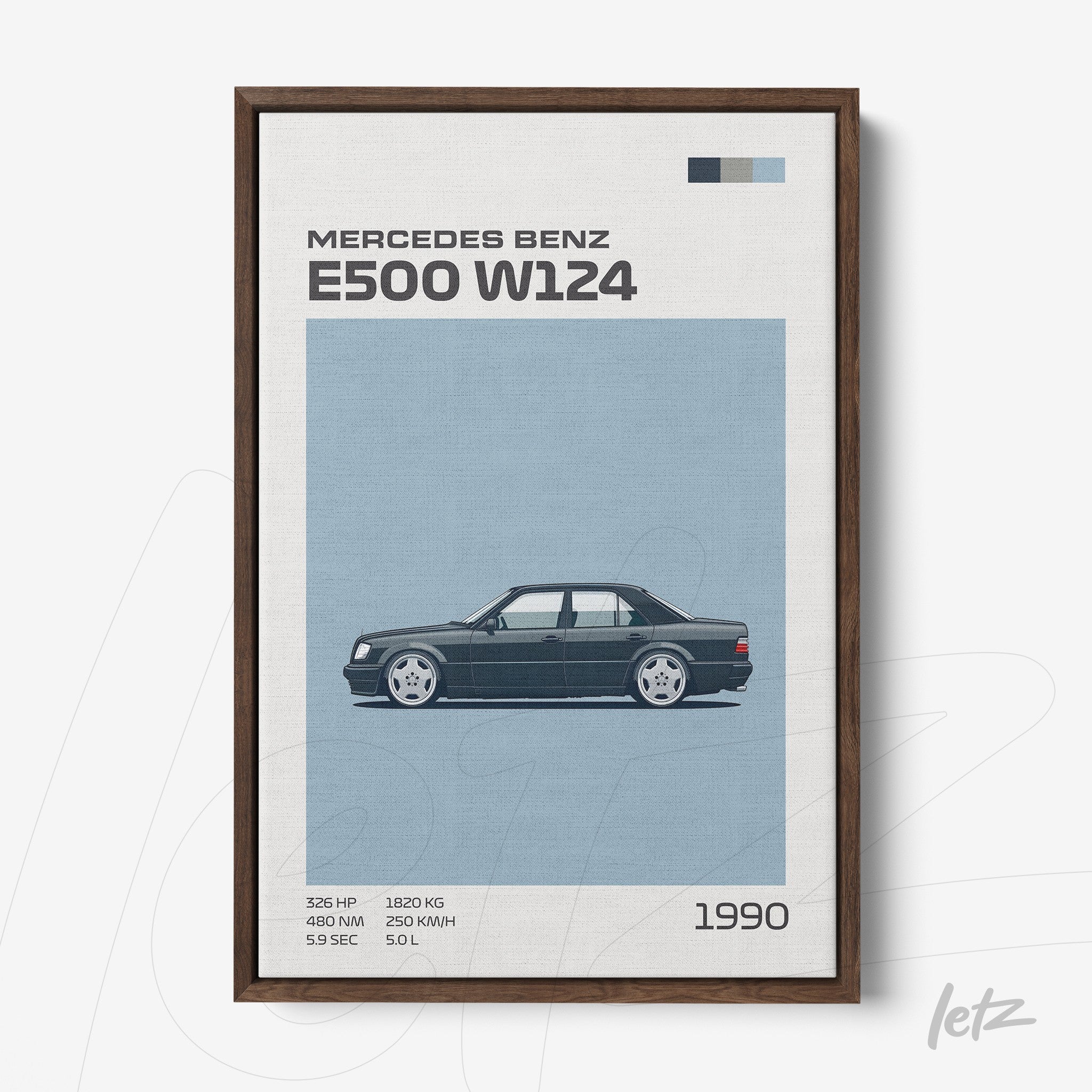 framed artwork featuring a digital illustration of a mercedes benz e500 w124 on a blue background with gray details and dark wood frame