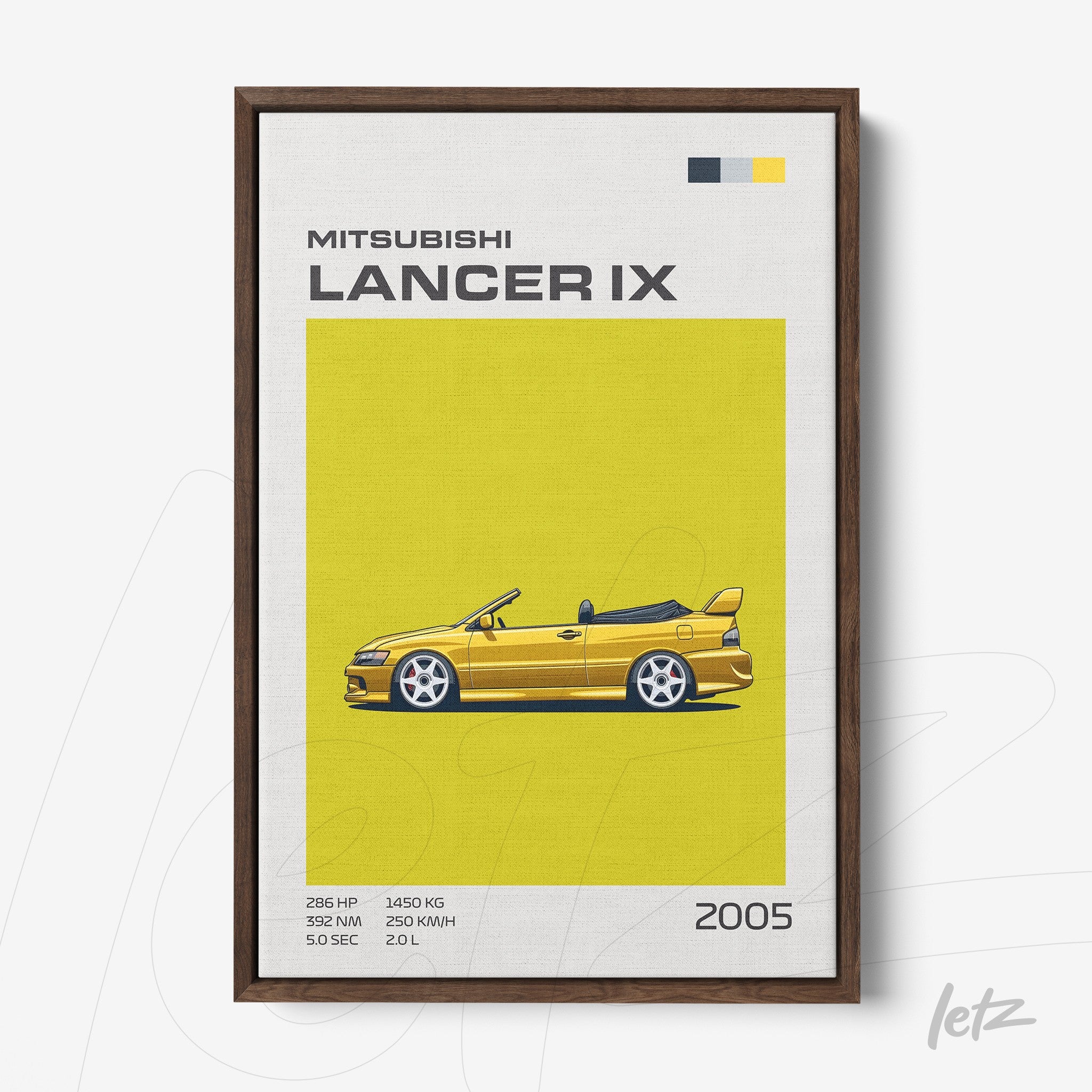 framed wall art of a Mitsubishi Lancer IX sports car on a vibrant yellow background with a dark wood frame